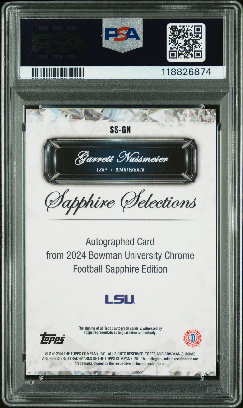 2024 Bowman Sapphire - Garrett Nussmeier - Sapphire Selections - /25 - PSA 10