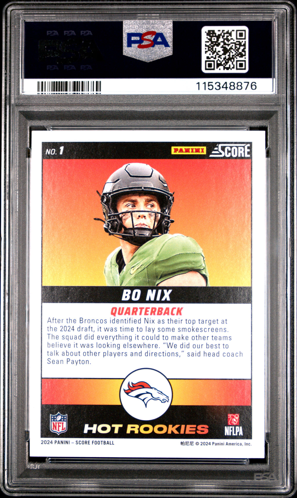 2024 Score -  Bo Nix - Hot Rookies - #1 - RC - Rookie - PSA 10 - Gem Rate