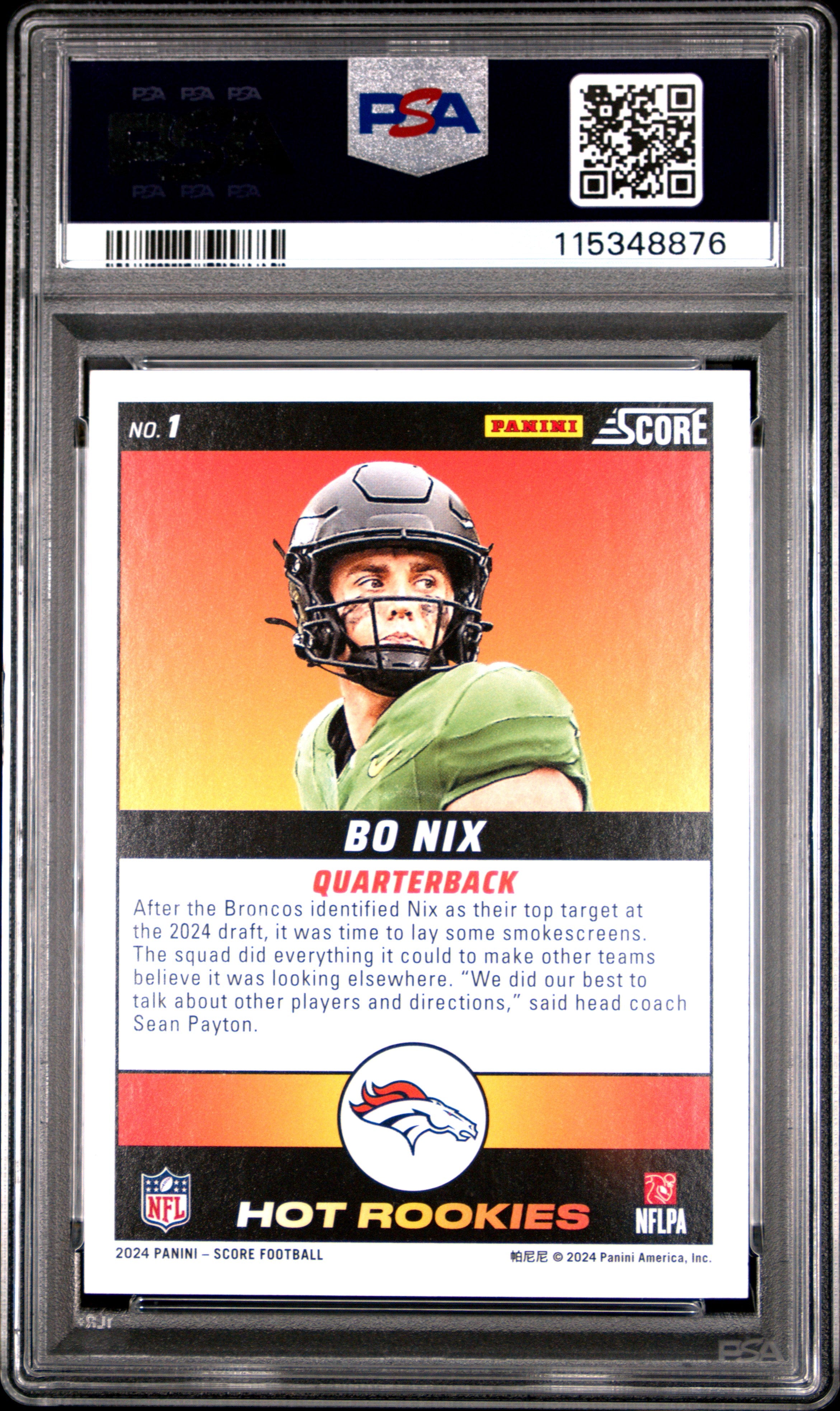 2024 Score -  Bo Nix - Hot Rookies - #1 - RC - Rookie - PSA 10 - Gem Rate