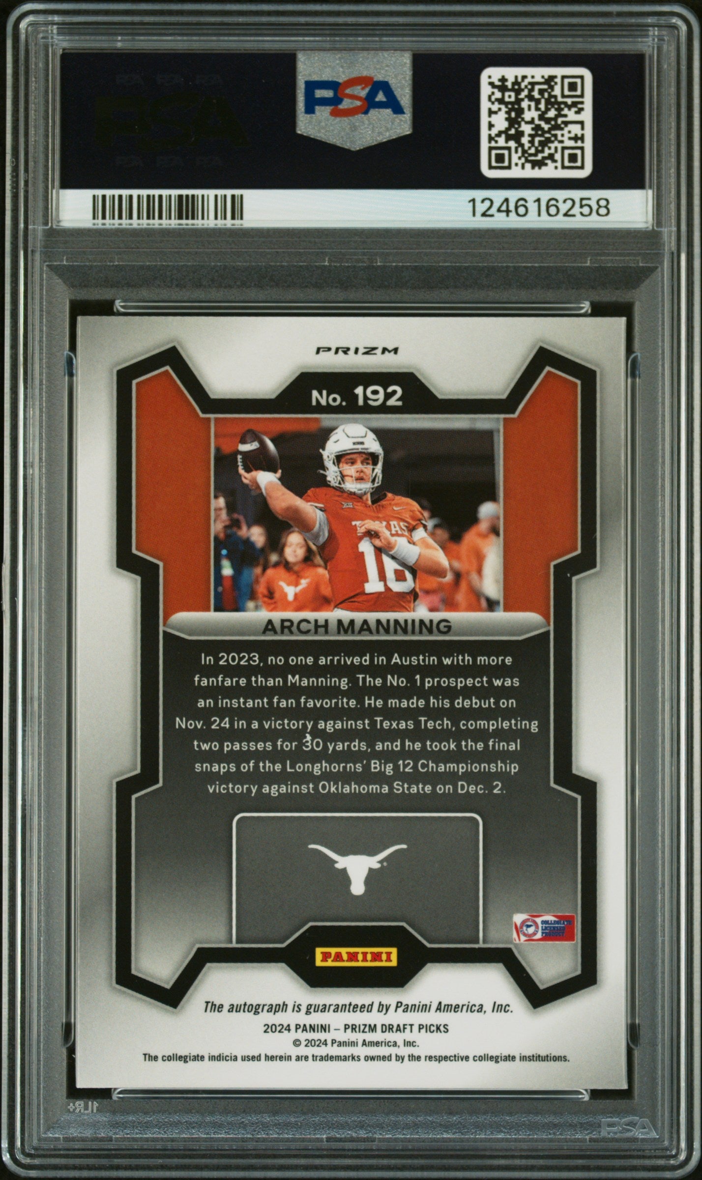 2024 Prizm Draft Picks - Arch Manning - Silver Auto - #192 - PSA 9 Auto 10