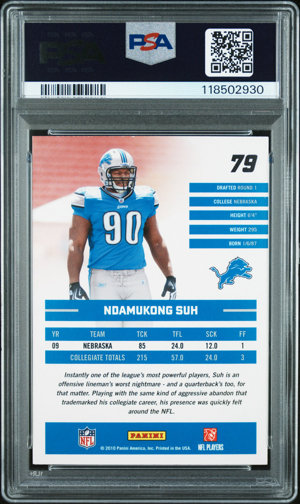 2010 Donruss Rated Rookies Ndamukong Suh Rookie #79 PSA 8
