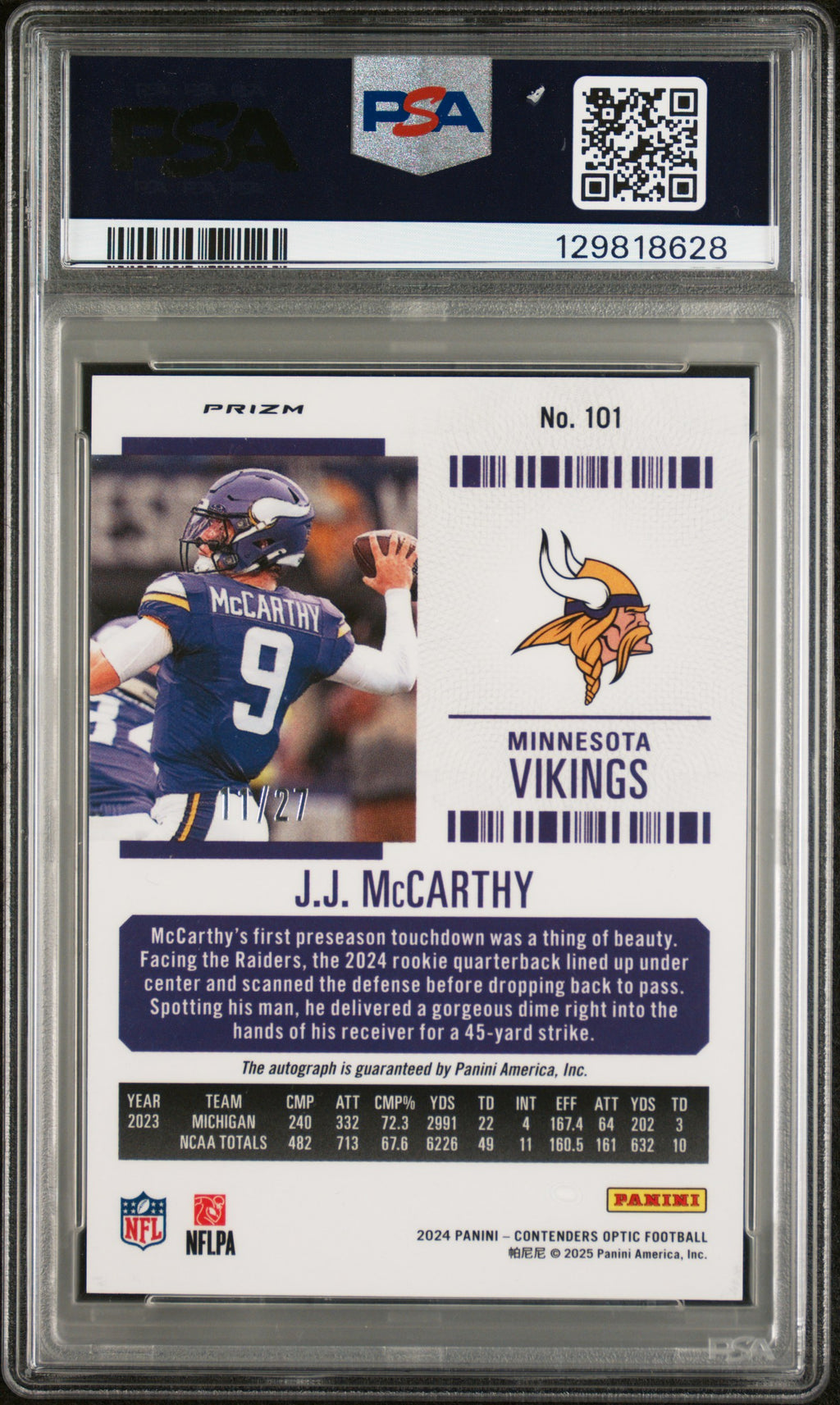 2024 Contenders Optic - JJ Mccarthy - Purple Pulsar Auto #101 - PSA 9 Auto 10