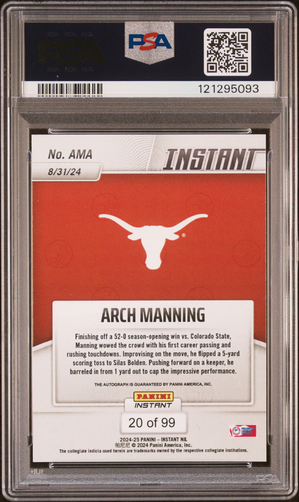 2024 Panini Instant NIL - Arch Manning - Autograph /99 - #AMA - PSA 10 Auto 7