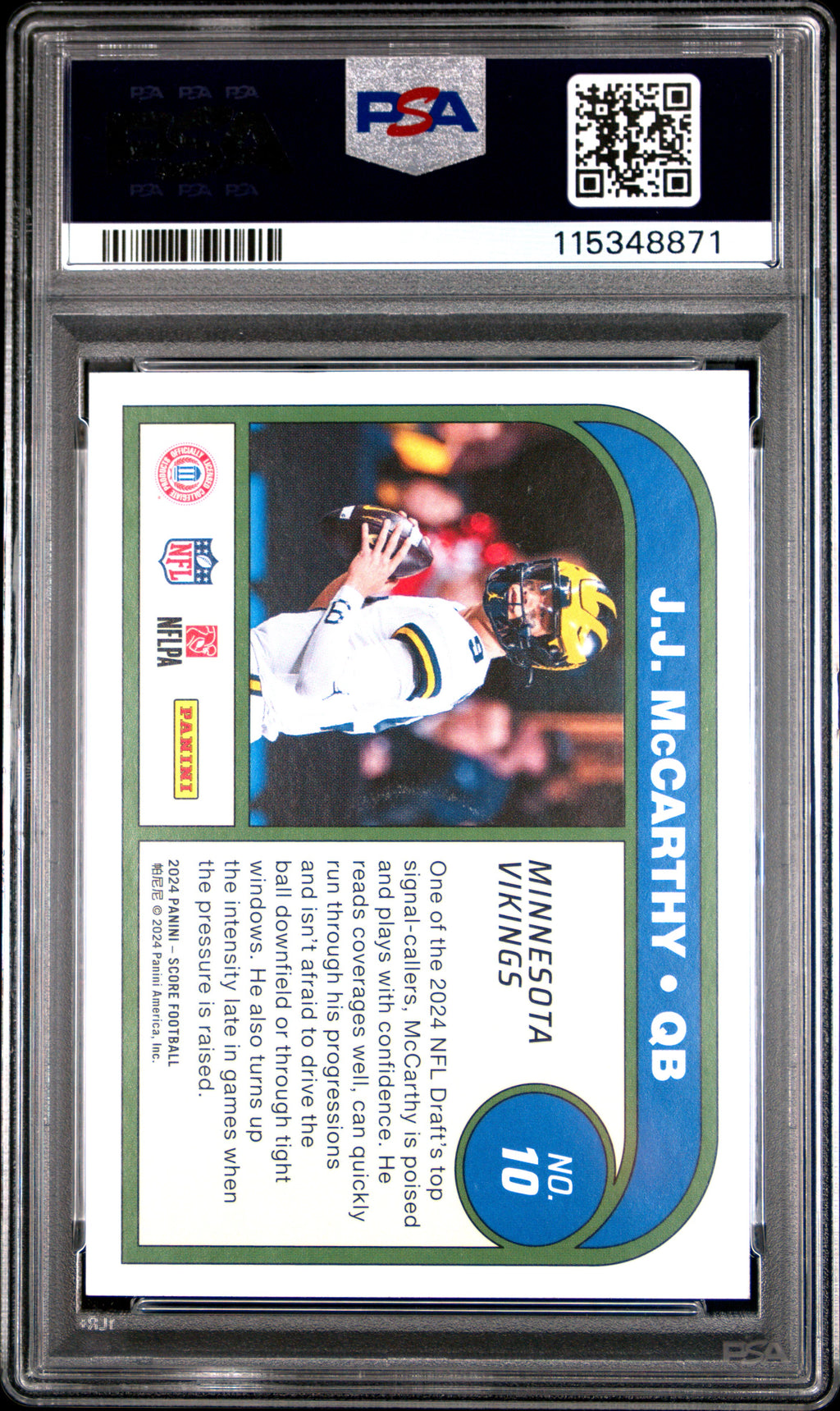 2024 Score - JJ Mccarthy - Protential - #10 = RC - Rookie - PSA 10 - GEM Rate