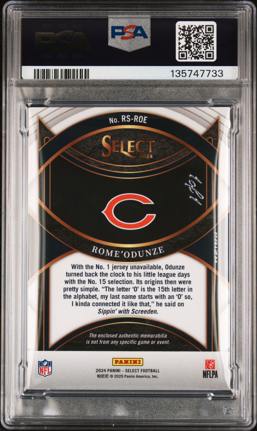 2024 Select - Rome Odunze - Black Prizm NFL Shield 1 of 1 - RC Rookie - PSA 8