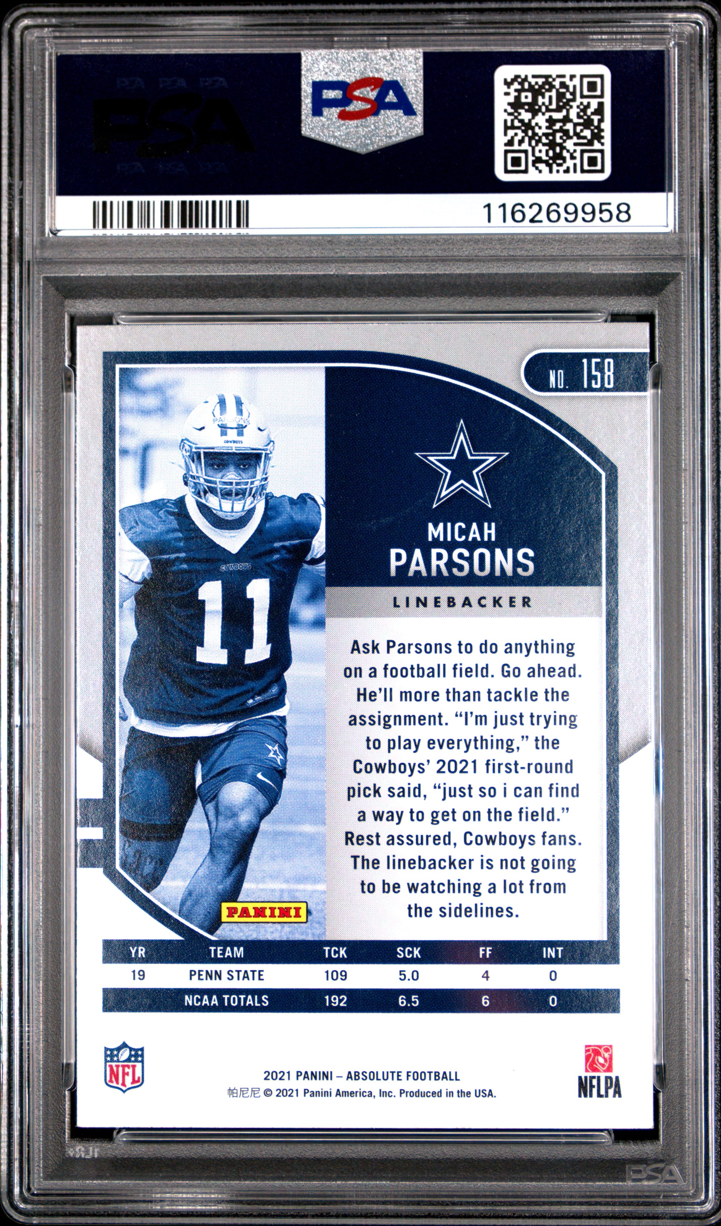 2021 Absolute - Micah Parsons - #158 - RC - Rookie - PSA 9