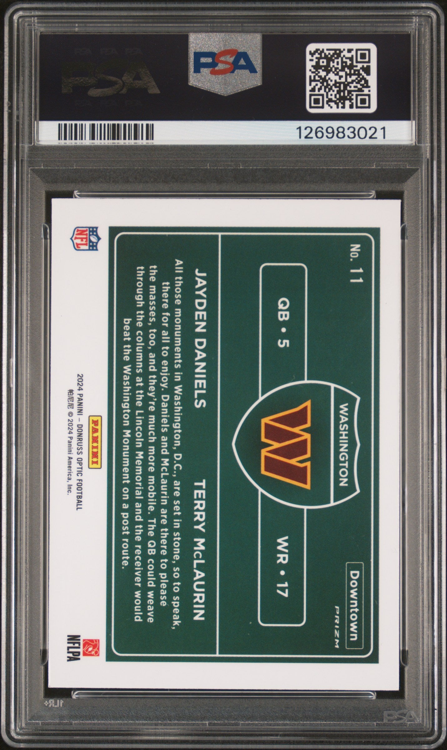 2024 Optic - Jayden Daniels/Terry McLaurin - Downtown Duos -#11 -PSA 10-GEM MINT