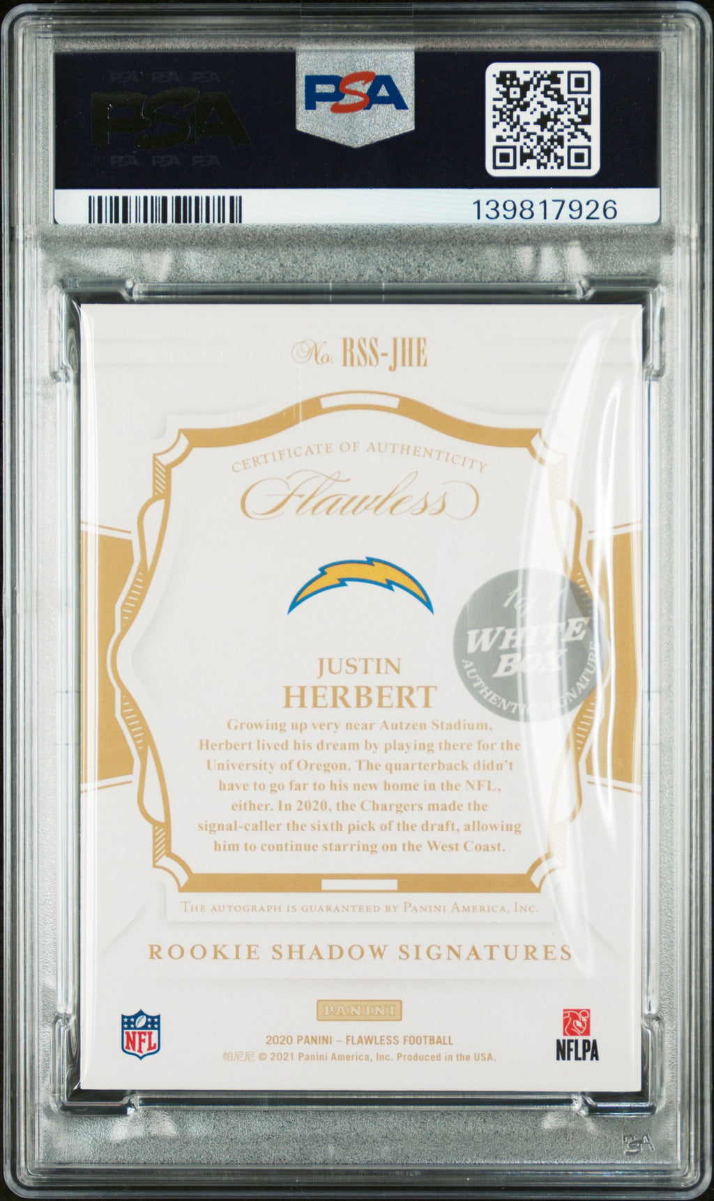 2020 Flawless - Justin Herbert - Rookie Shadow Signatures White Box 1/1 - PSA 8