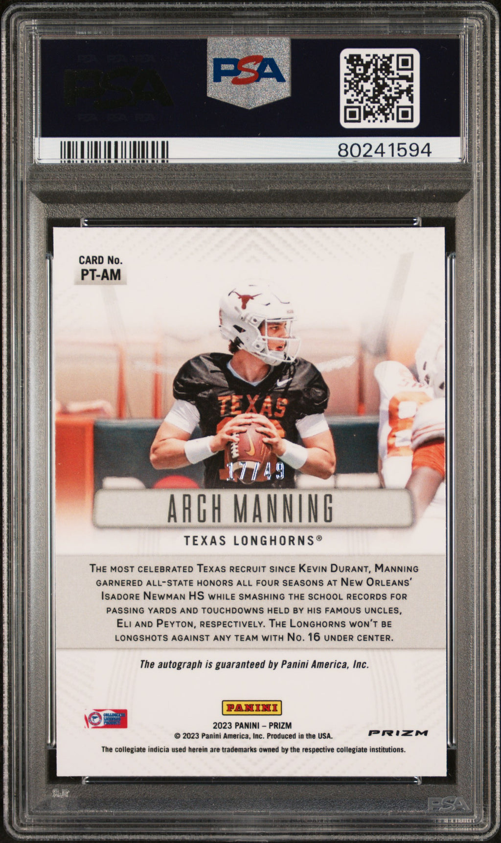 2023 Prizm - Arch Manning  - Throwback Burnt Orange Auto /49 -PSA 10 GEM MINT