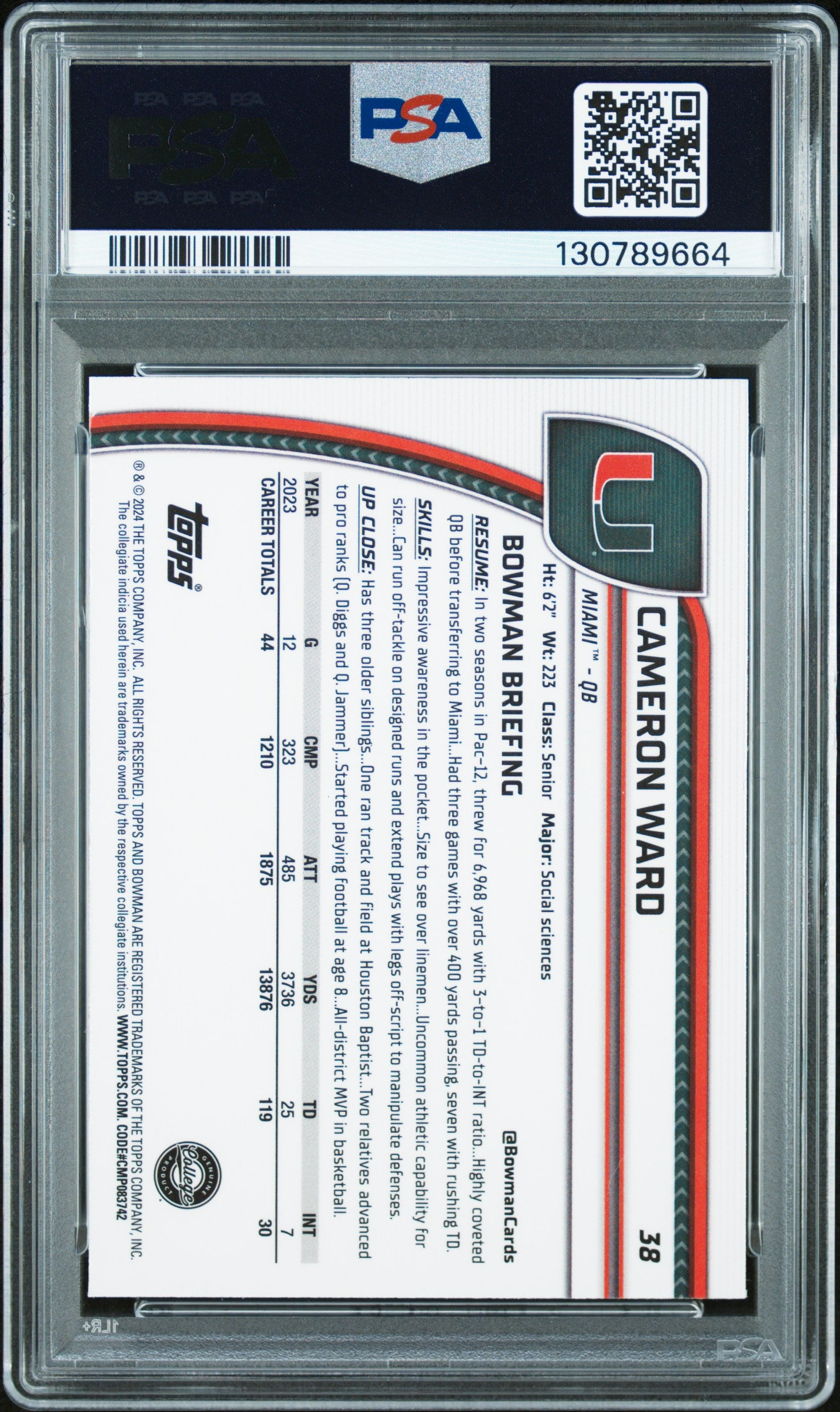 2024 Bowman Sapphire - Cameron Ward #38 - PSA 9
