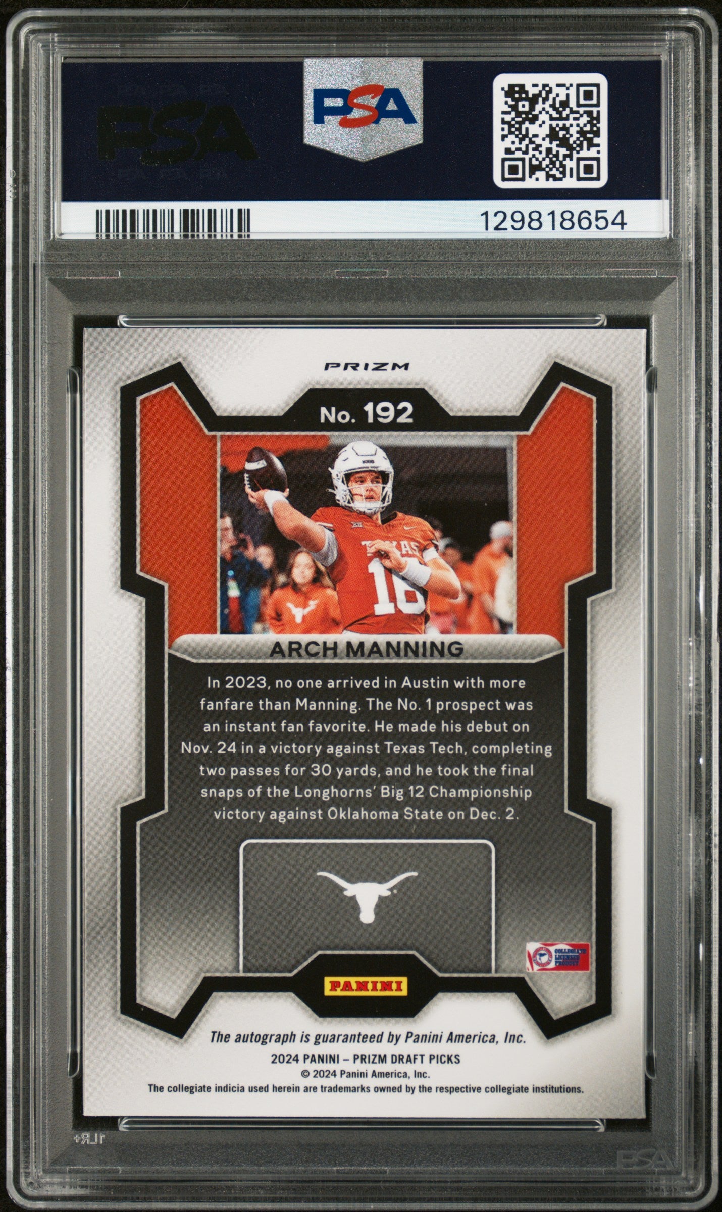 2024 Prizm Draft Picks - Arch Manning - Silver Auto #192 - PSA 9 Auto 9