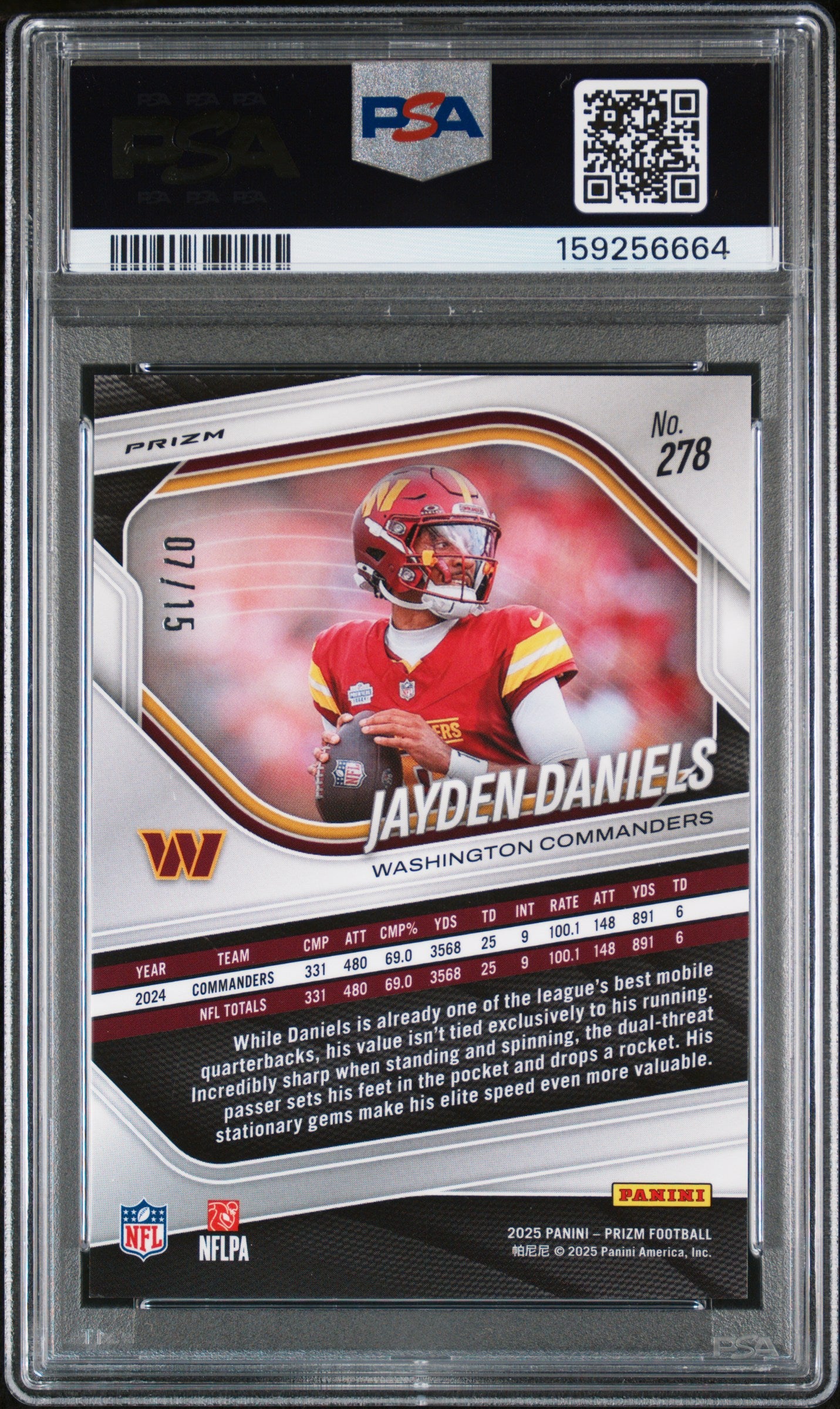 2025 Panini Prizm Jayden Daniels Purple Shimmer 7/15 #278 PSA 10