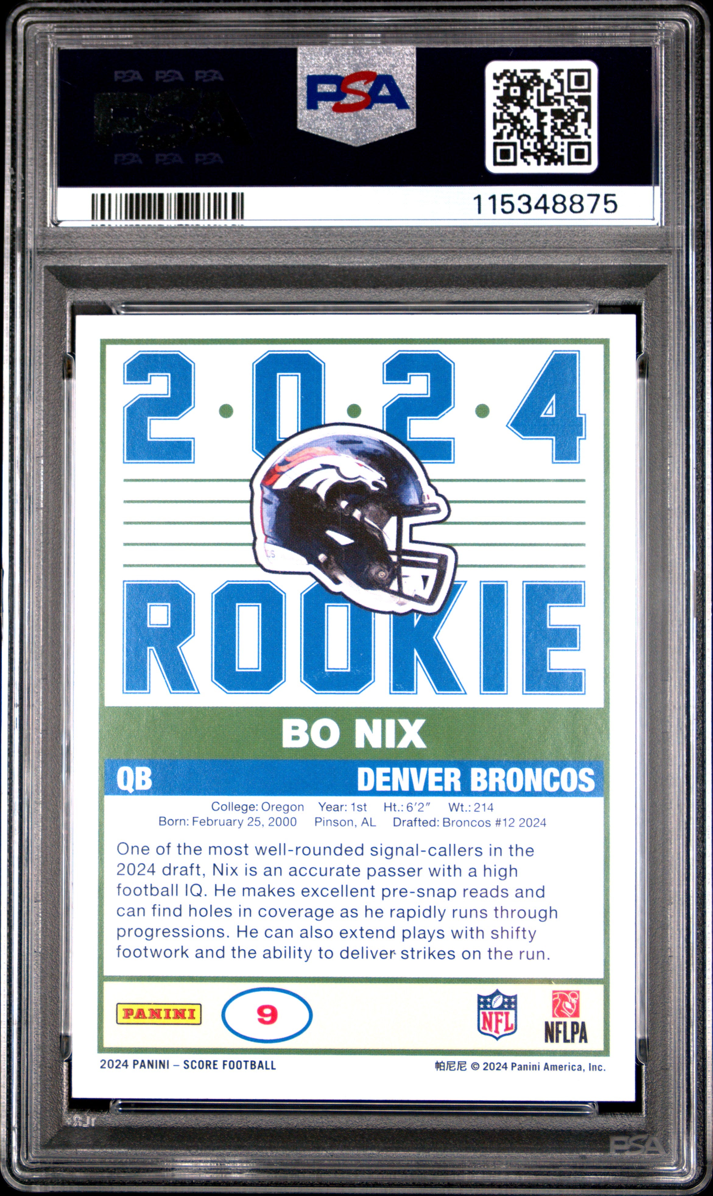 2024 Score - Bo Nix - 35th Anniversary Rookie - #9 - RC - PSA 9 - GEM Rate