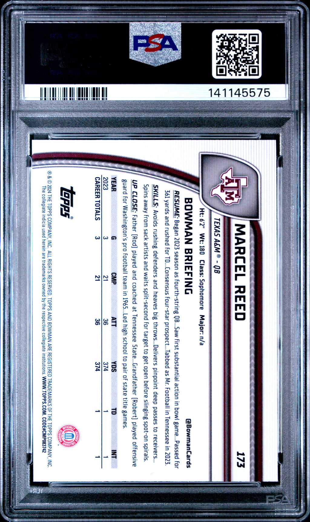 2024 Bowman Sapphire - Marcel Reed - Bowman 1st #173 - PSA 10 GEM MINT