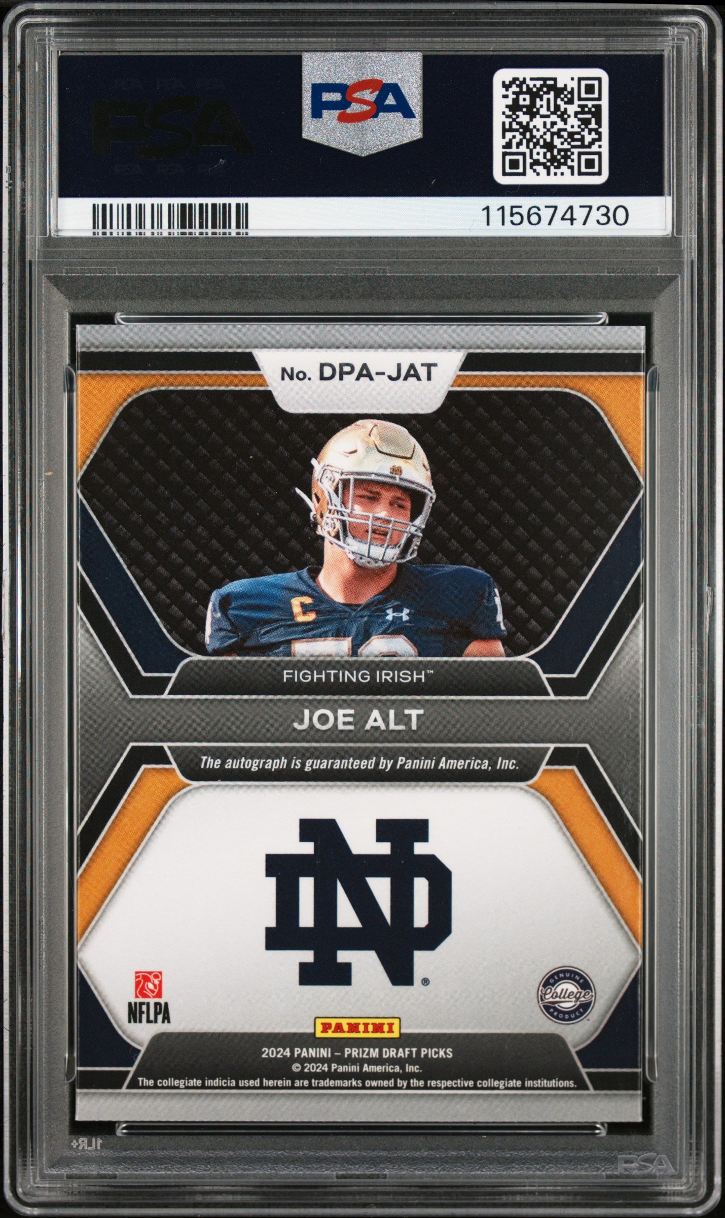 2024 Prizm Draft Picks - Joe Alt - Draft Picks Autos - RC-#DPAJAT- PSA 10 - GEM