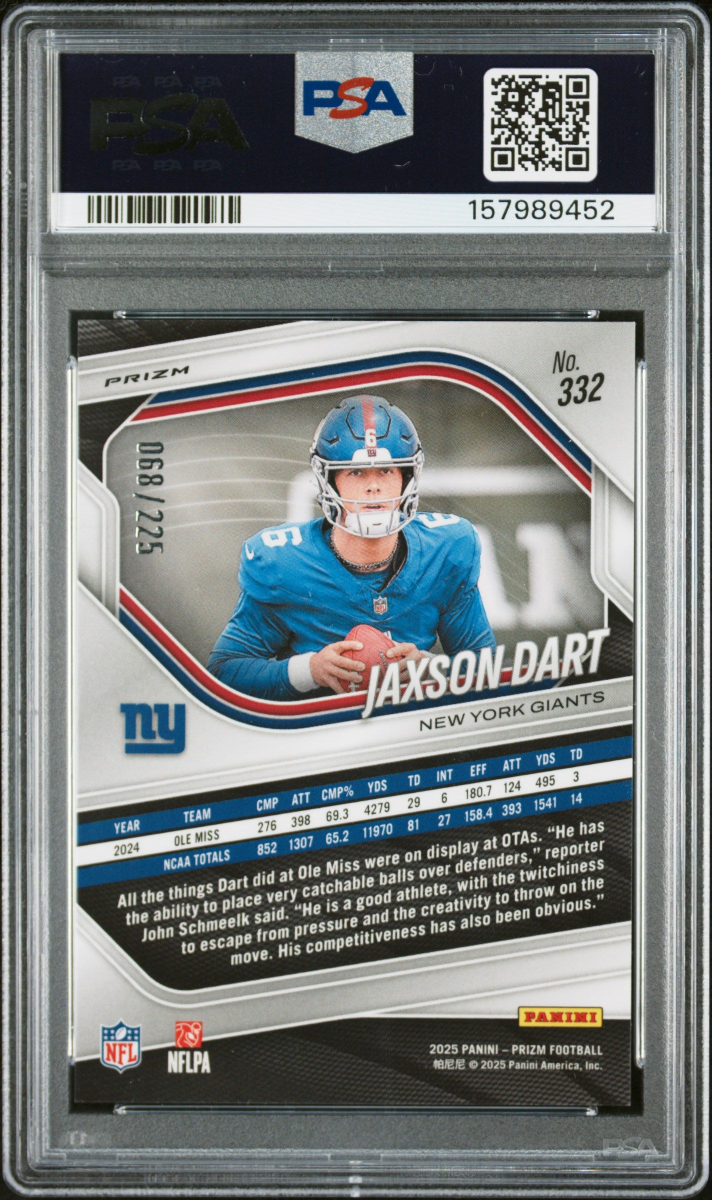 2025 Panini Prizm Jaxson Dart Purple Ice Rookie #332 PSA 10