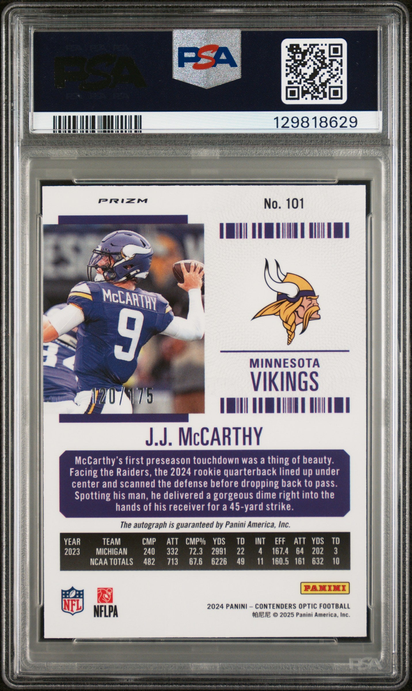 2024 Contenders Optic - JJ McCarthy - Red Prizm Auto #101 - PSA 9 Auto 9