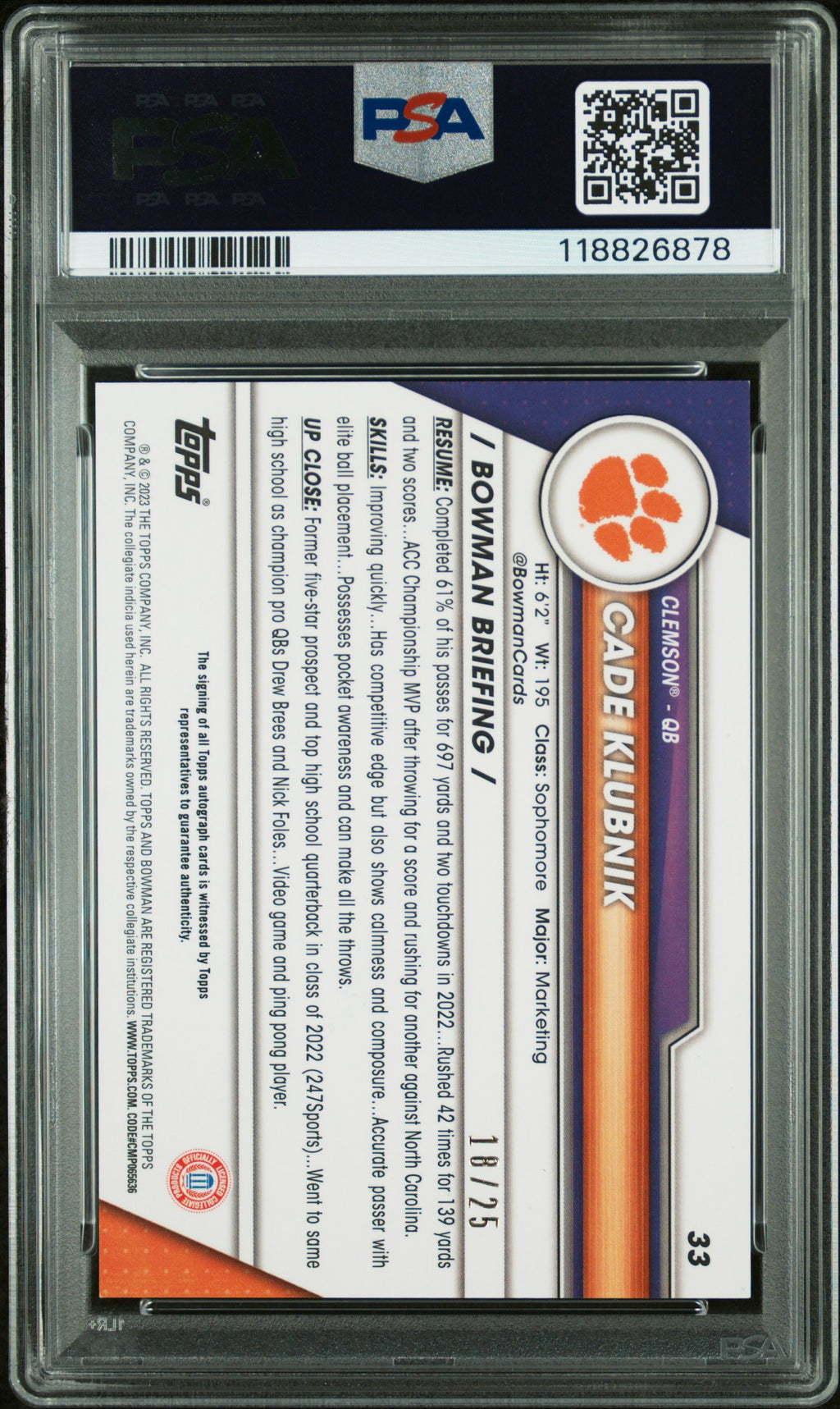 2023 Bowman Chrome - Cade Klubnik Auto - Orange Auto /25 - #33 - PSA 9 Auto 10