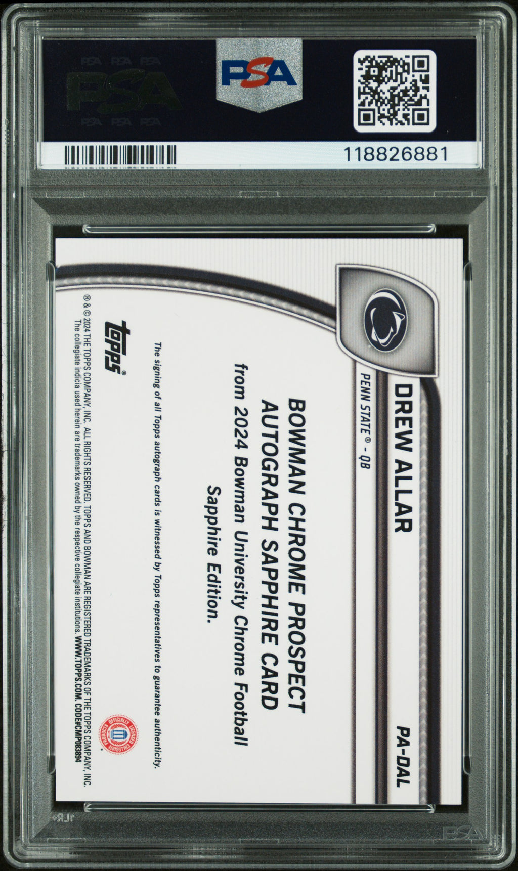 2024 Bowman Sapphire - Drew Allar - Black Auto /10 - #PADAL - PSA 9 Auto 10