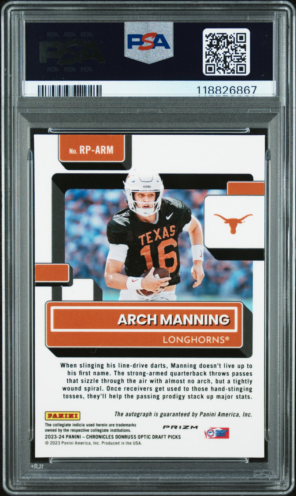 2023 National Treasures Optic - Arch Manning - Rated Rookie Auto -#RPARM -PSA 9