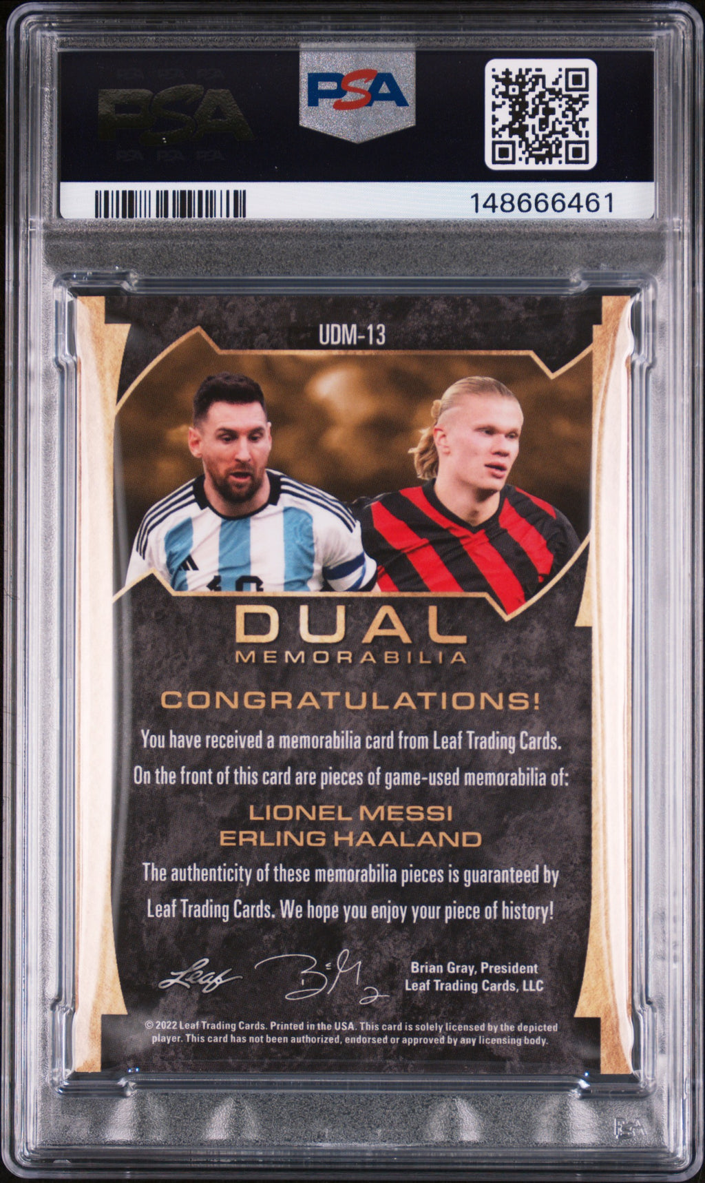 2022 Leaf Ultimate - Erling Haaland / Lionel Messi - Dual Game-Used /5  - PSA 7