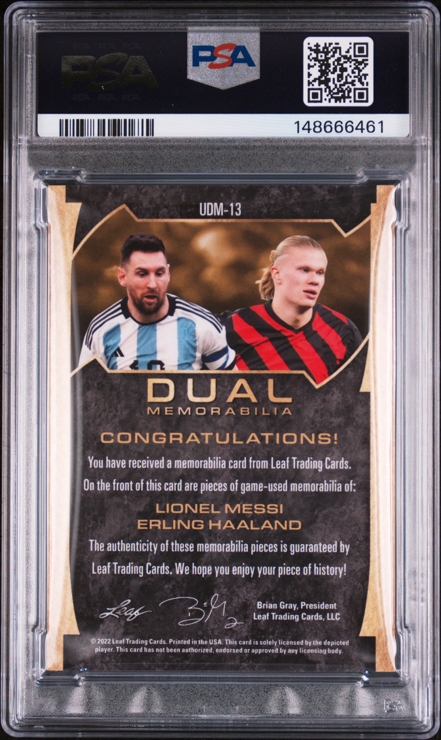 2022 Leaf Ultimate - Erling Haaland / Lionel Messi - Dual Game-Used /5  - PSA 7