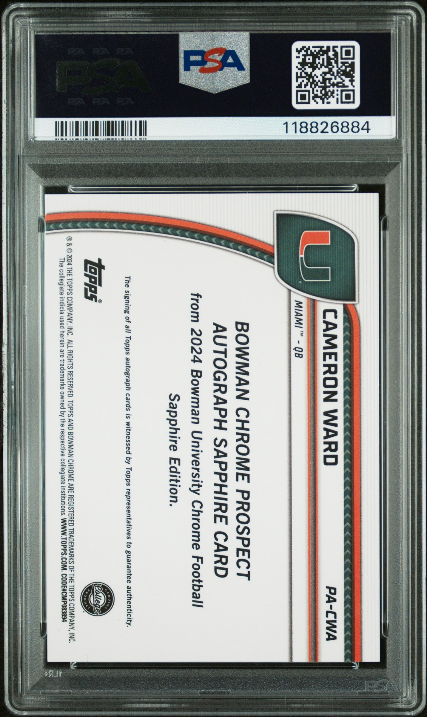 2024 Bowman Sapphire - Cameron Ward - Orange Auto /25 -PSA 10 Auto 10 -GEM MINT