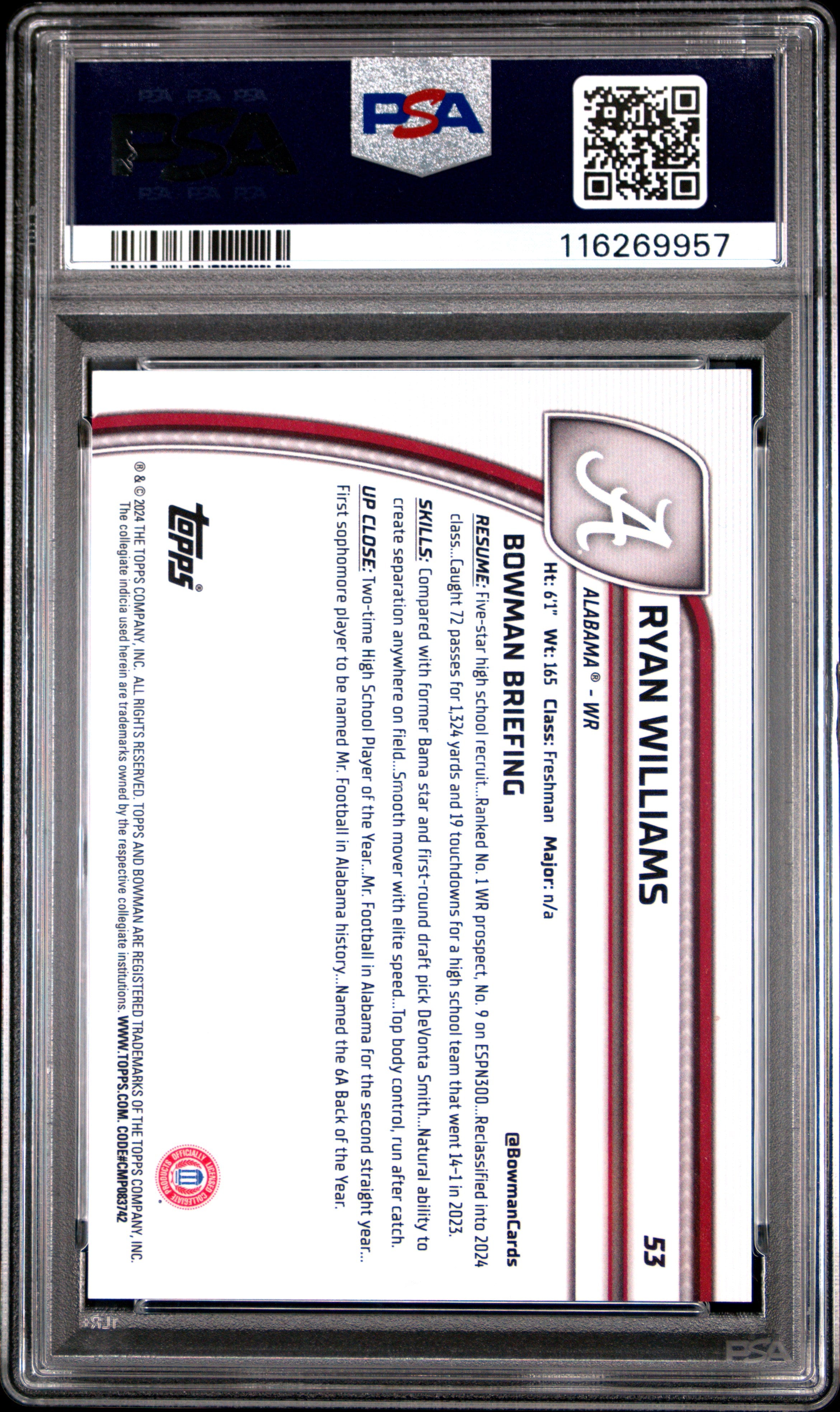 2024 Bowman Sapphire - Ryan Williams - Gold 42/50 - #53 - PSA 10 - GEM MINT