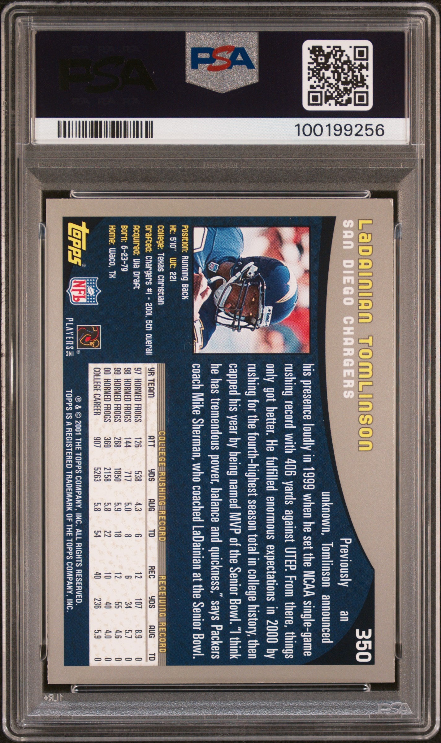 2001 Topps - Ladainian Tomlinson - HOF RC Rookie #350 - PSA 8