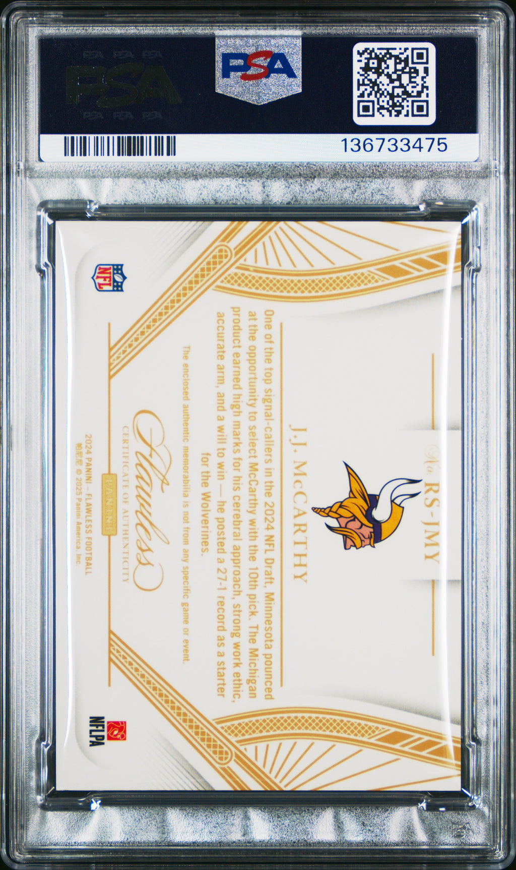 2024 Flawless - J.J. McCarthy - Rookie Showcase Quad Patch /15 - PSA 8