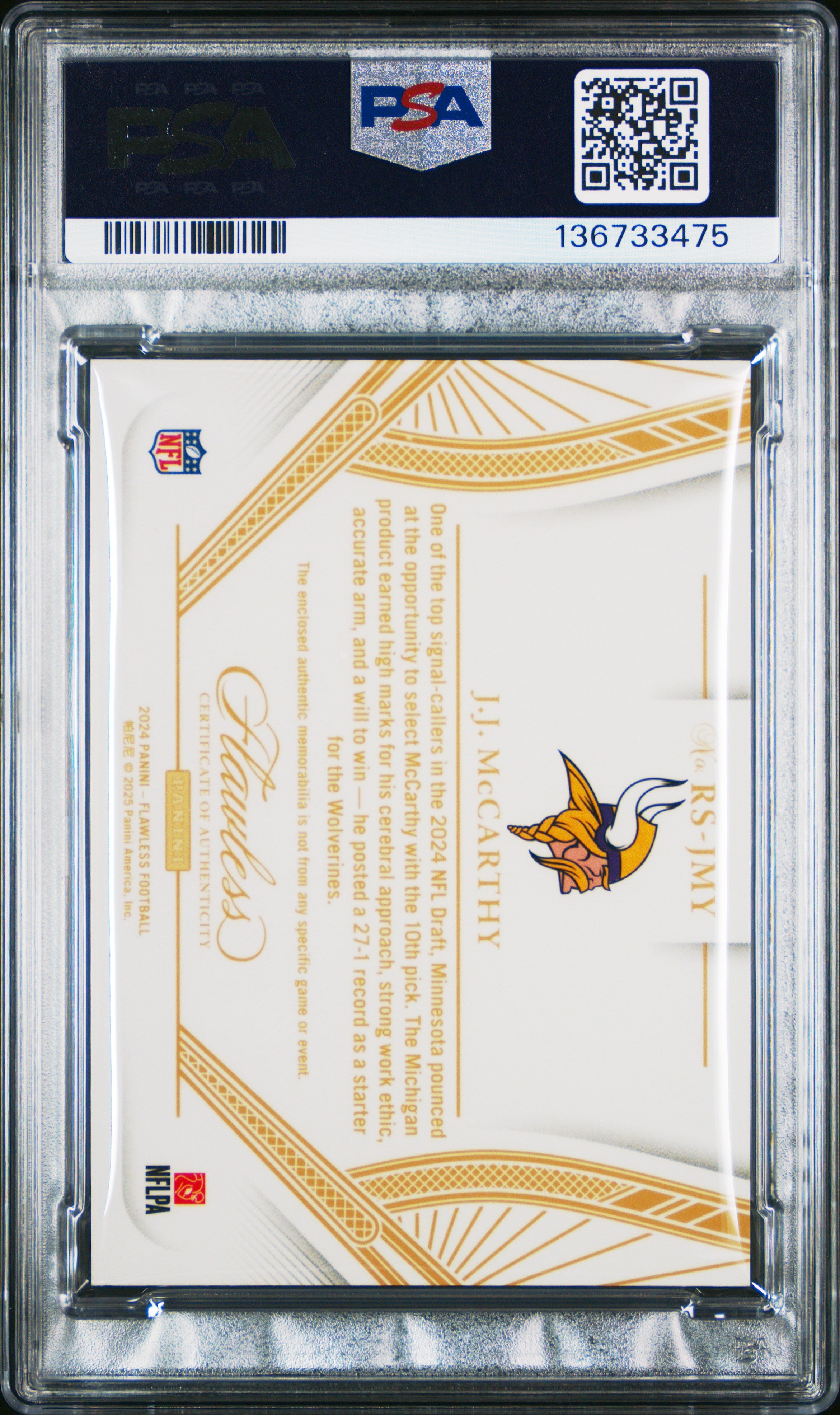 2024 Flawless - J.J. McCarthy - Rookie Showcase Quad Patch /15 - PSA 8