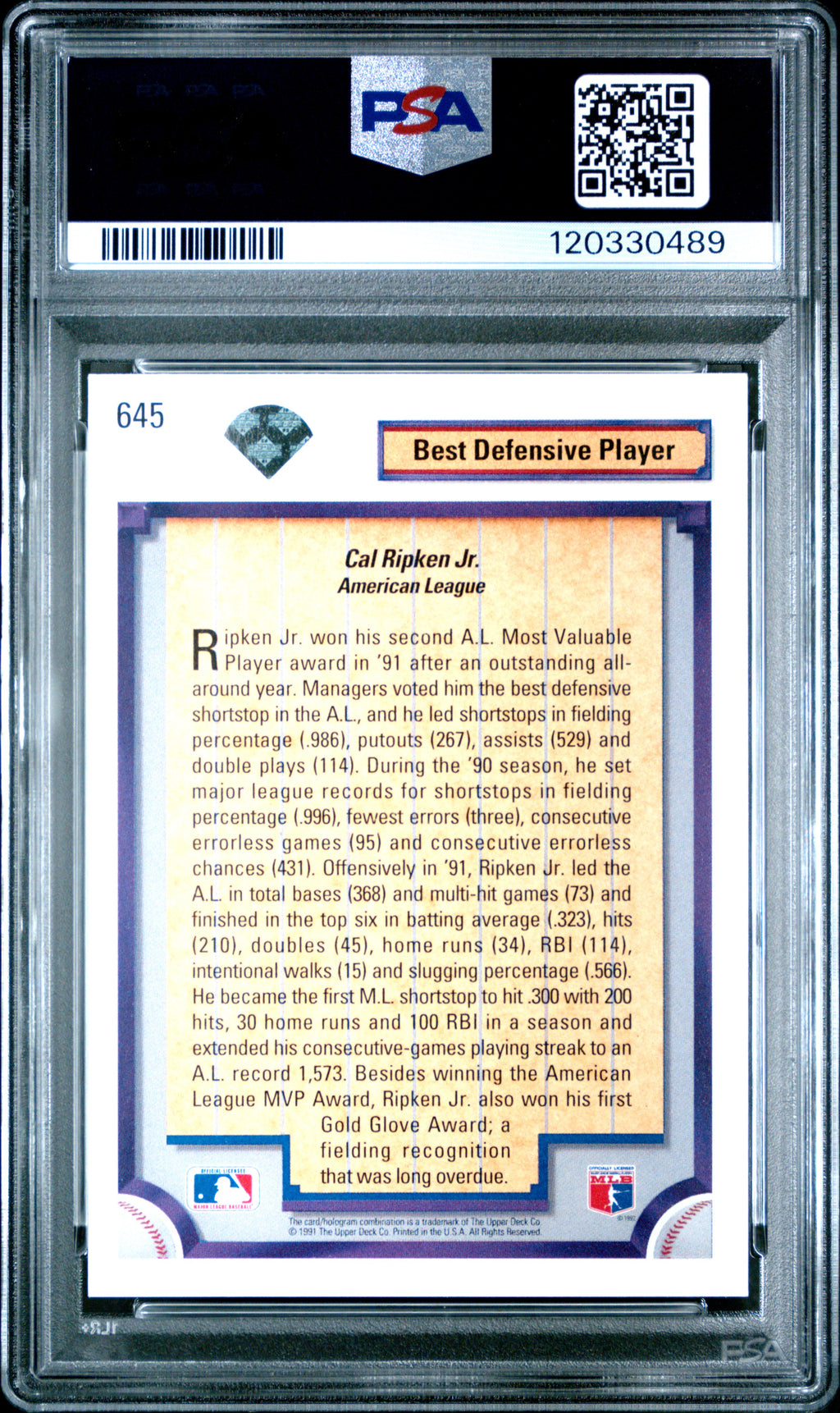 1992 Upper Deck Cal Ripken JR. #645 PSA 7