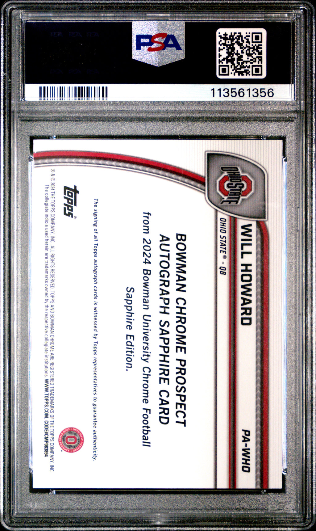 2024 Bowman Sapphire - Will Howard - Black AUto 10/10 -  #PAWHO - PSA 8