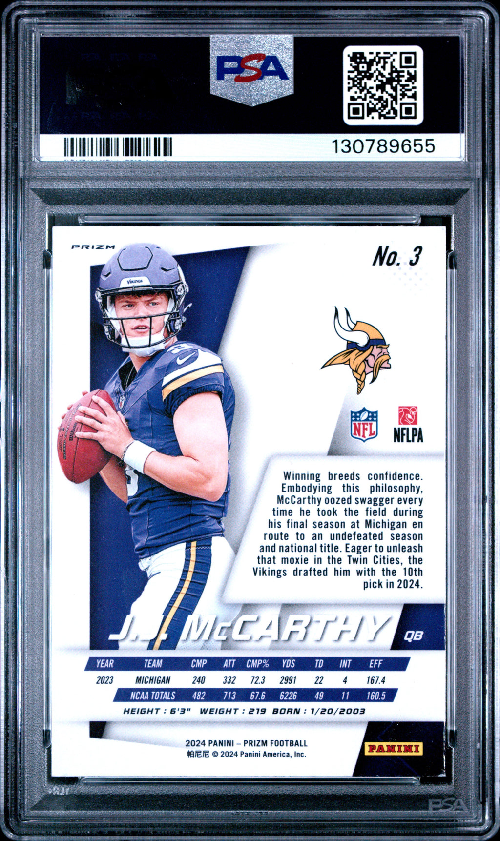 2024 Prizm - JJ McCarthy - No Huddle Flashback RC #3 - PSA 8