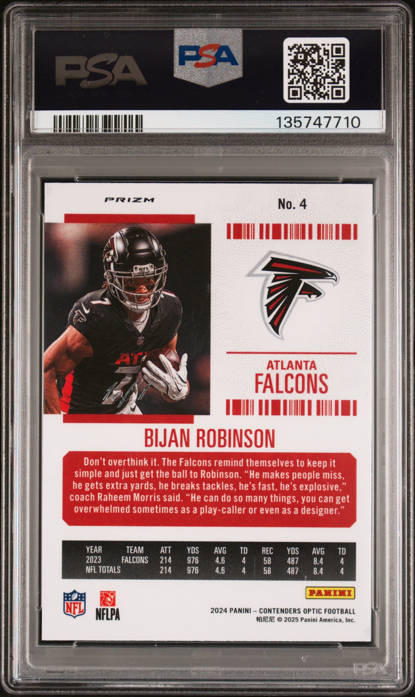 2024 Contenders Optic - Bijan Robinson - Gold Vinyl Prizm 1/1 - #4 - PSA 8