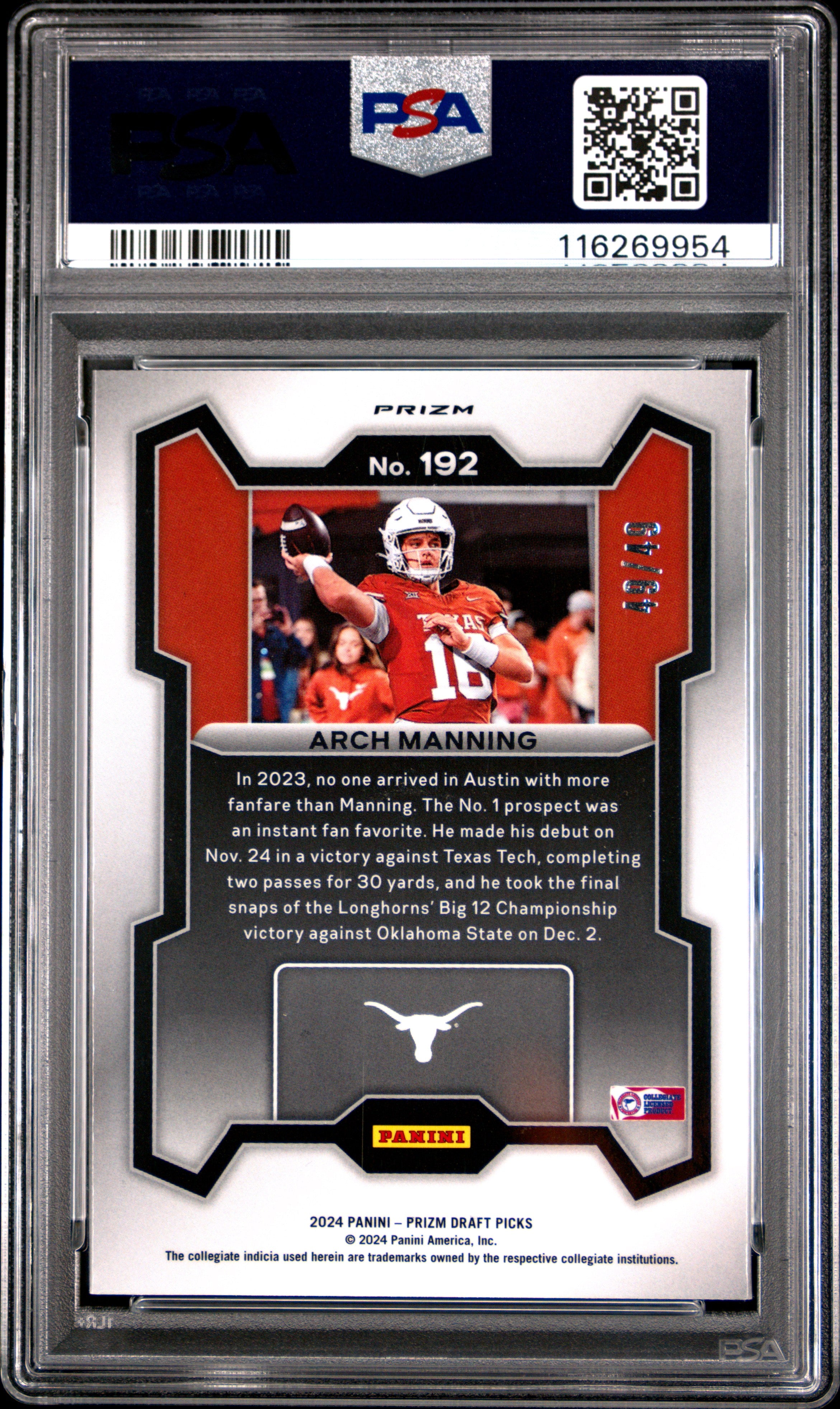 2024 Prizm Draft Picks - Arch Manning - Orange Pulsar /49 #192 - PSA 9