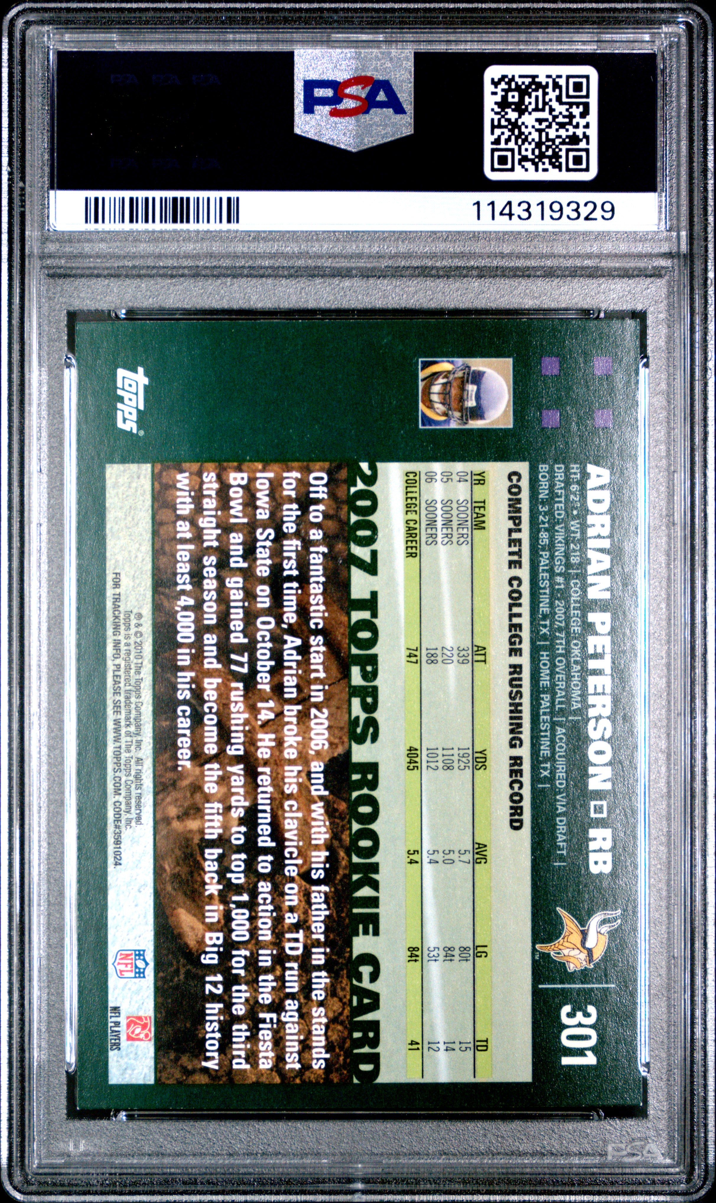 2010 Topps Anniversary Reprints - Adrian Peterson #301 - PSA 8 - RC - Rookie