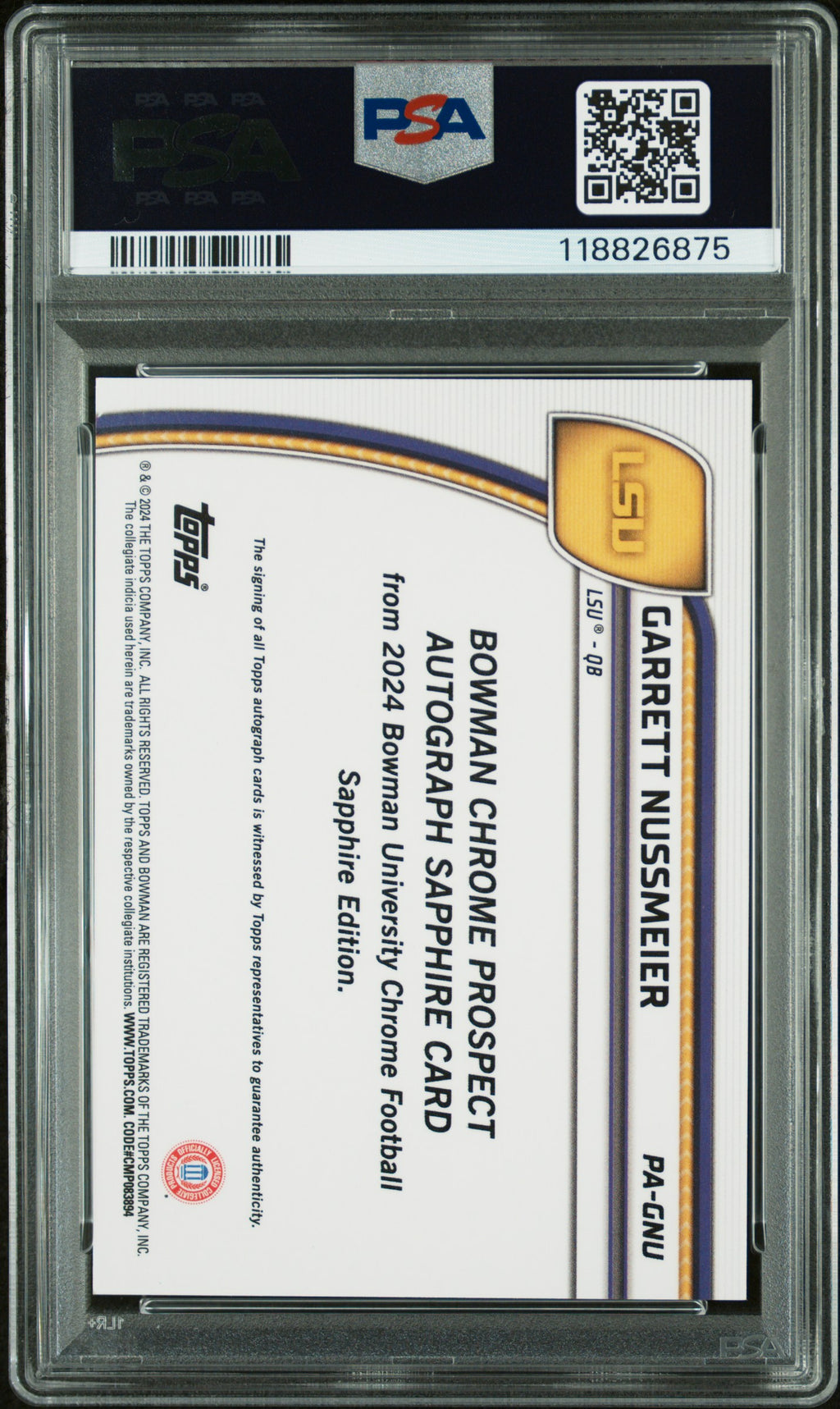 2024 Bowman Sapphire  - Garrett Nussmeier - Orange Auto /25 - PSA 10 - GEM MINT