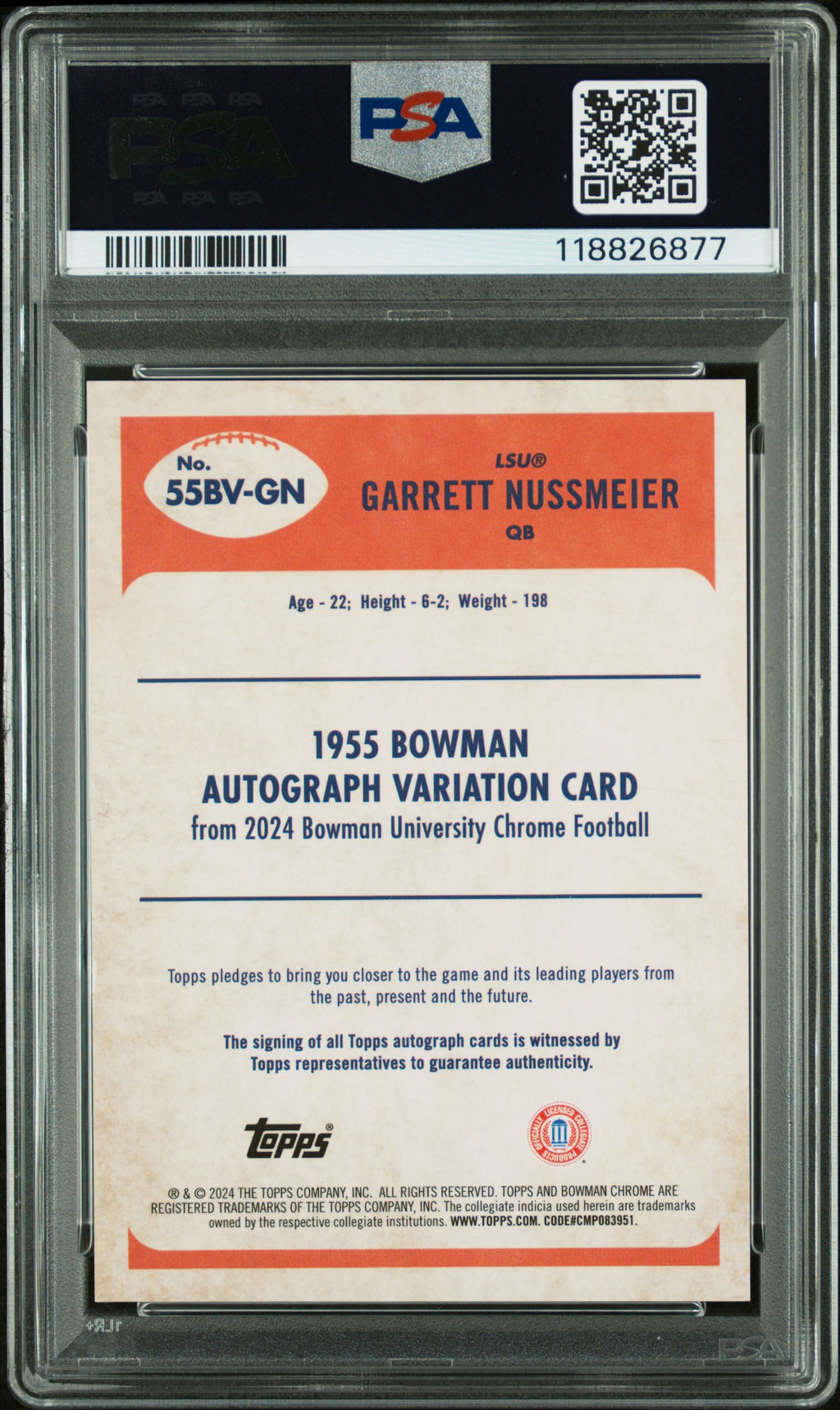 2024 Bowman Chrome - Garrett Nussmeier - 1955 Bowman Auto /25 -  PSA 9