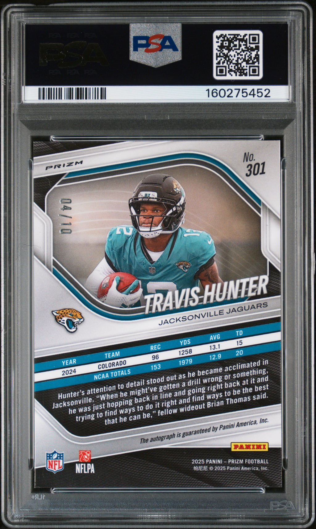 2025 Panini Prizm Travis Hunter Autograph Gold #301 PSA 10
