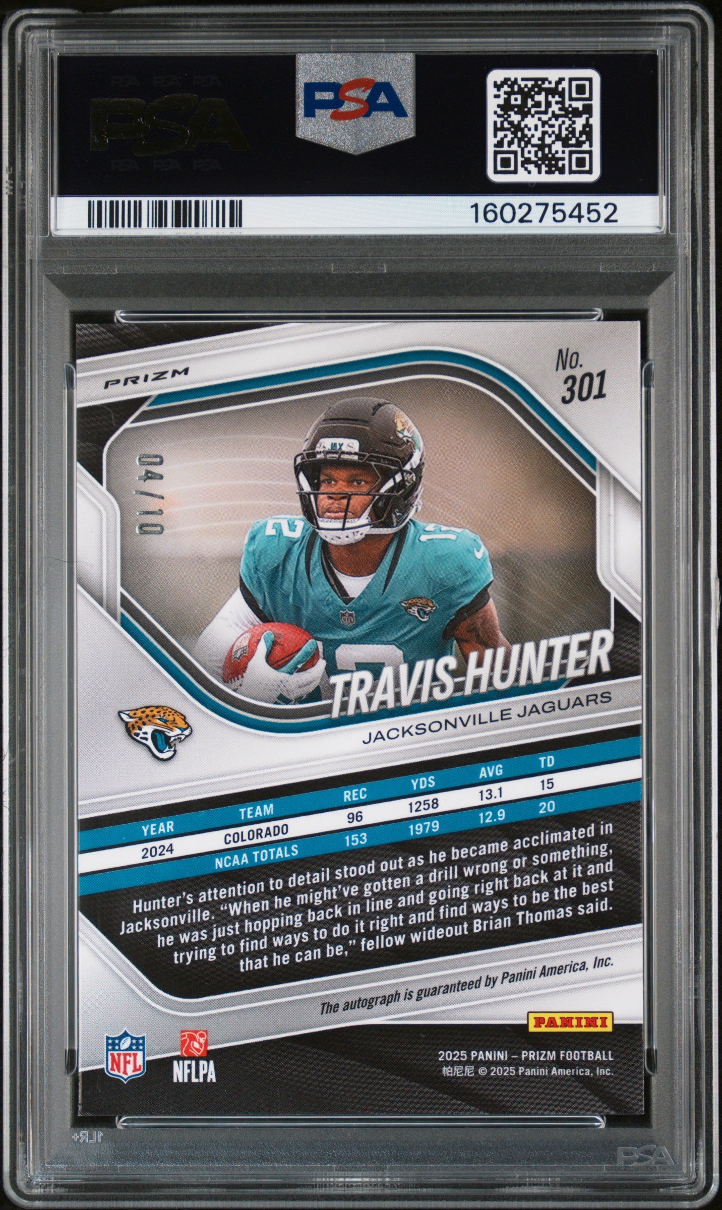 2025 Panini Prizm Travis Hunter Autograph Gold #301 PSA 10