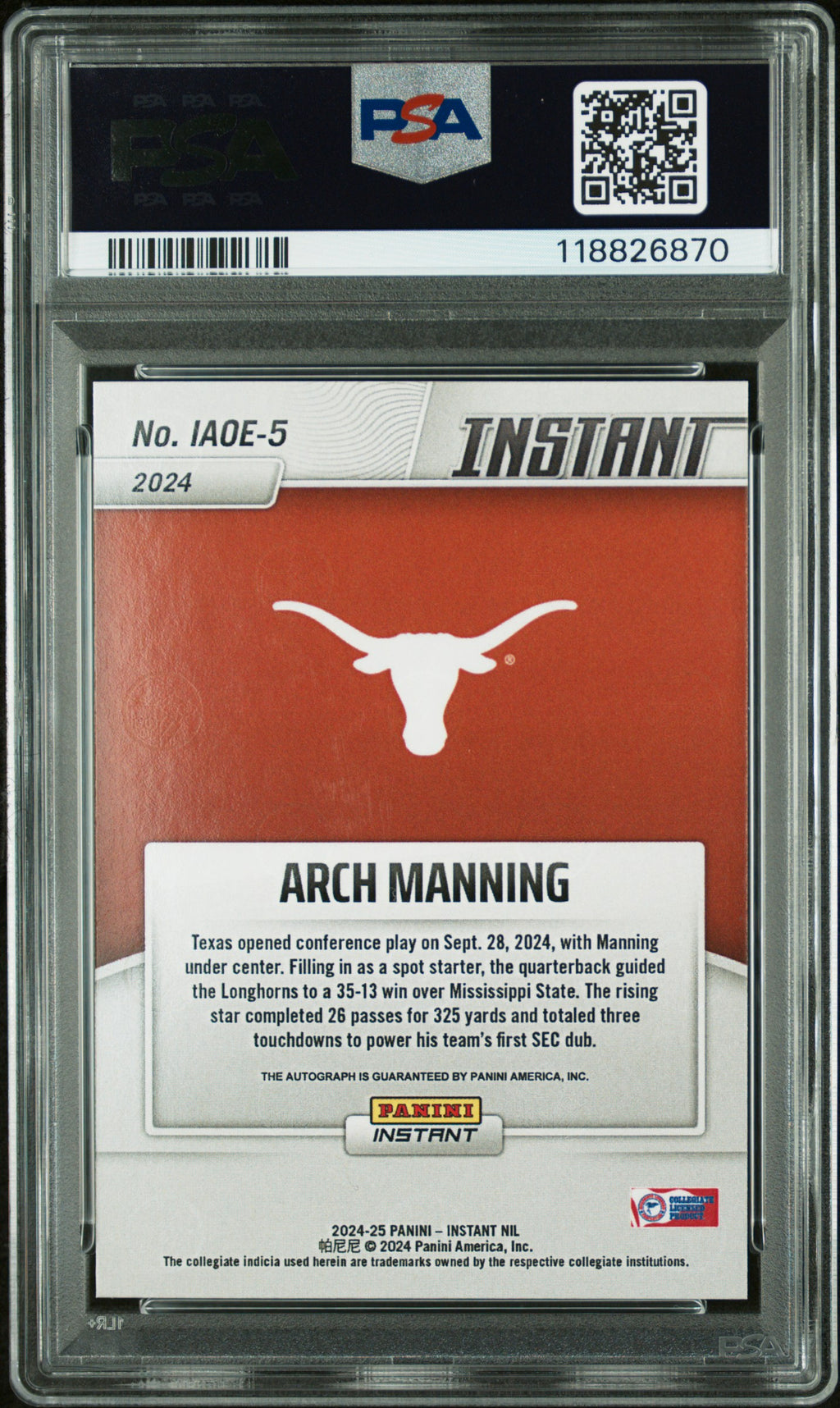 2024 Panini Instant NIL - Arch Manning -  Open Edition Auto-  PSA 10 Auto 10