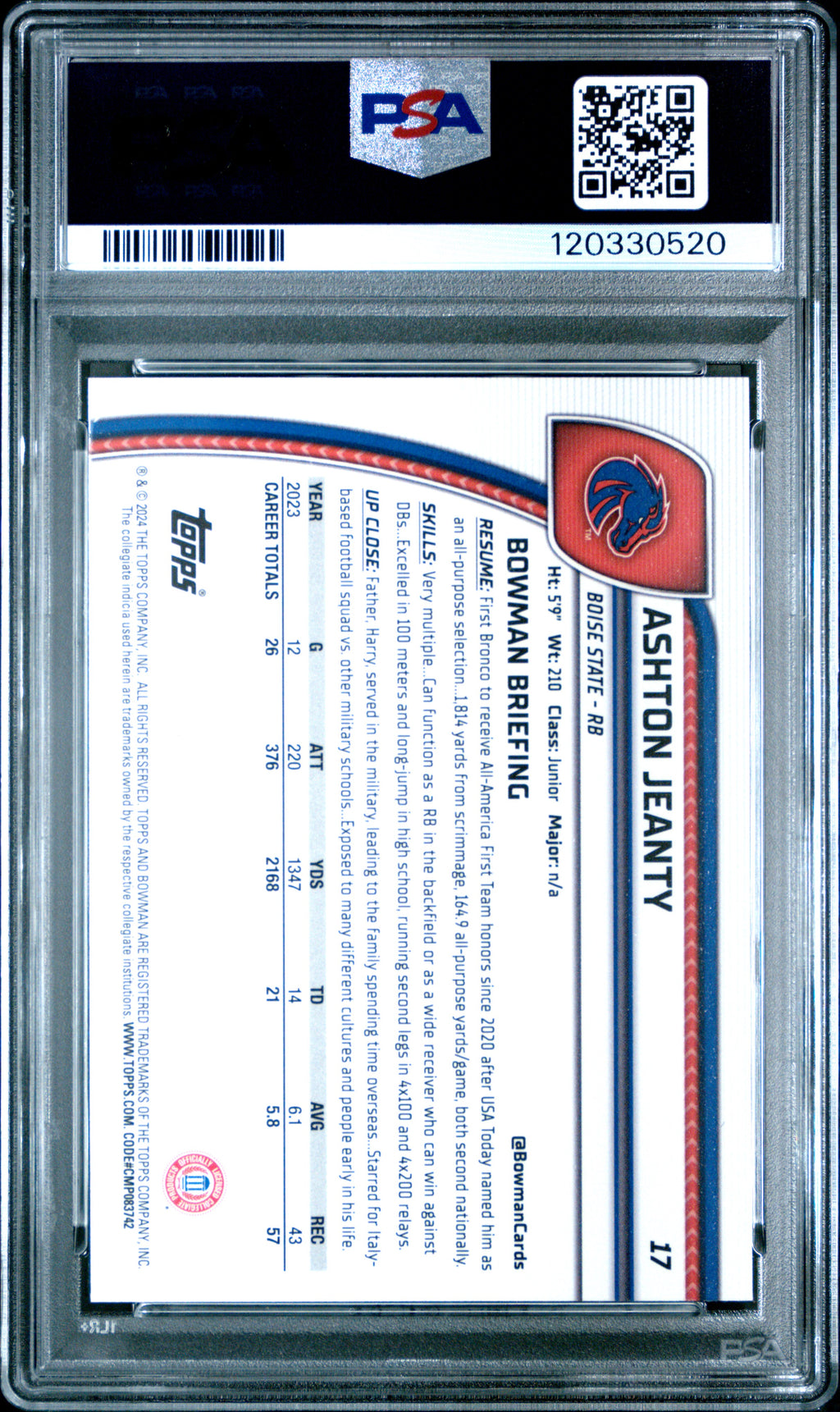 2024 Bowman Chrome - Ashton Jeanty - Bowman 1st - #17 - PSA 10 - GEM MINT
