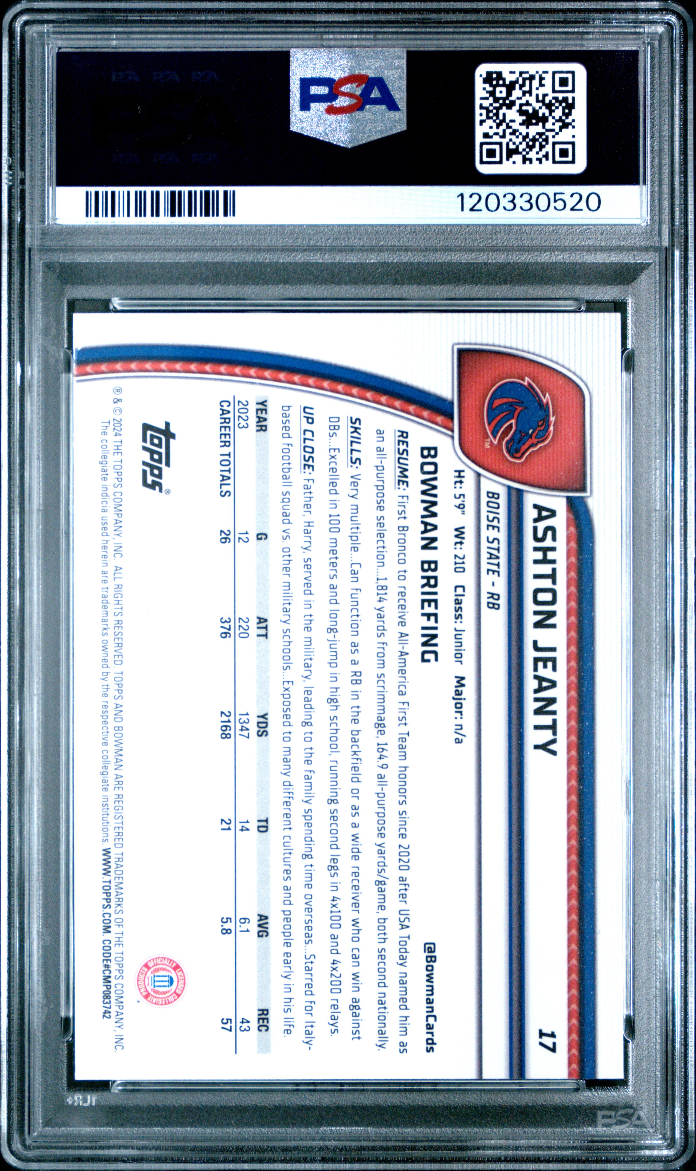 2024 Bowman Chrome - Ashton Jeanty - Bowman 1st - #17 - PSA 10 - GEM MINT