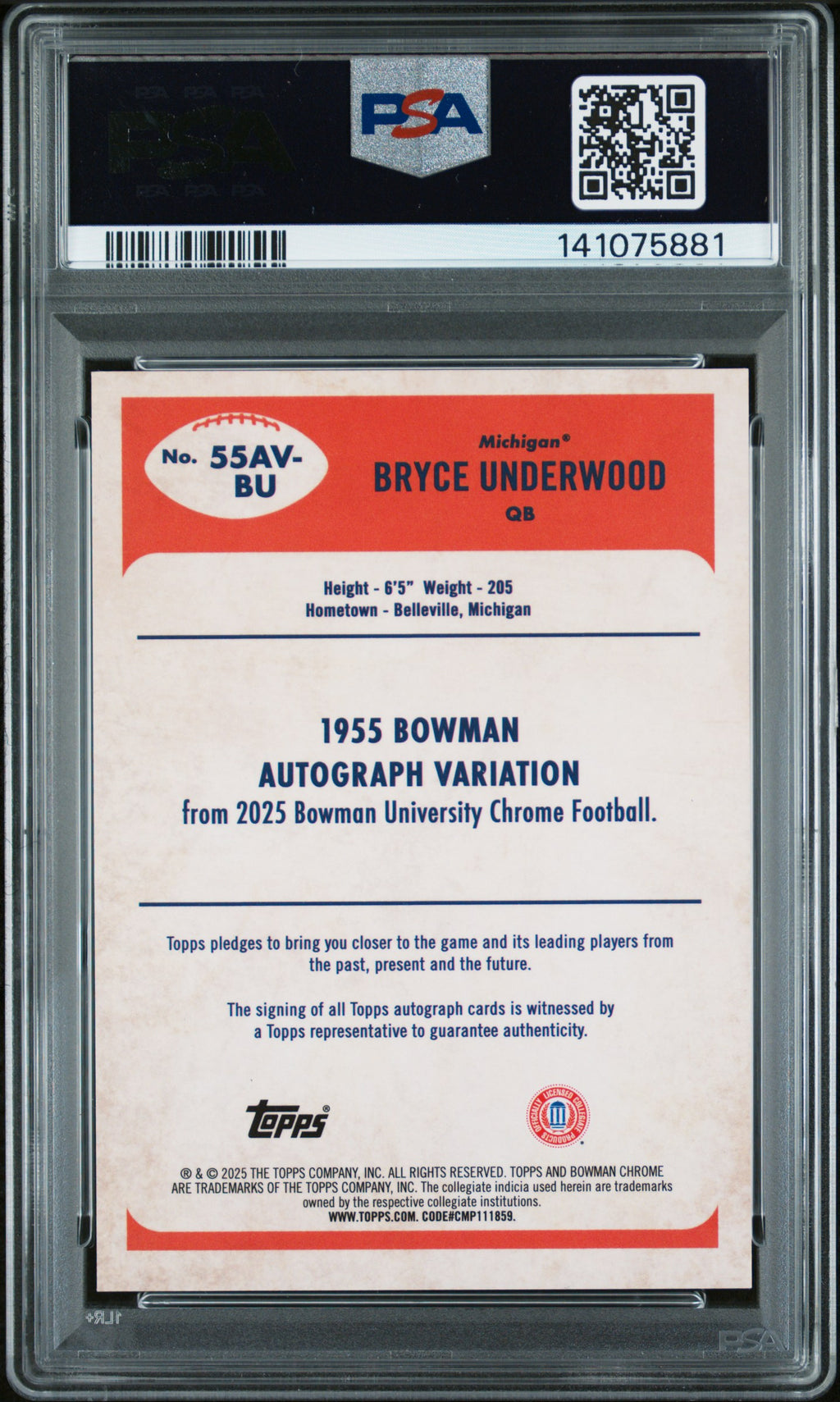 2025 Bowman Chrome -  Bryce Underwood-1955 Bowman Autographs /99-PSA 10 Auto 10