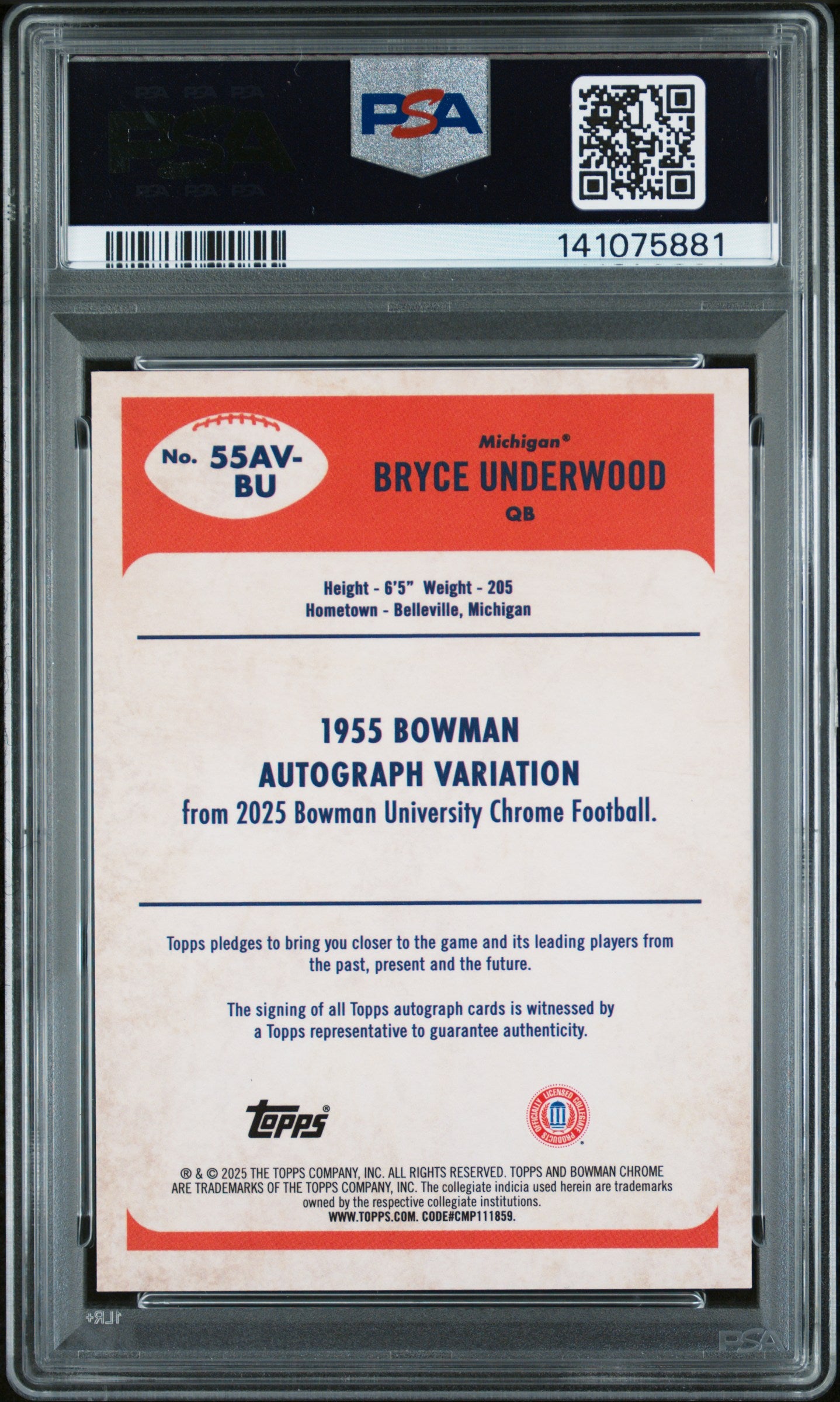 2025 Bowman Chrome -  Bryce Underwood-1955 Bowman Autographs /99-PSA 10 Auto 10