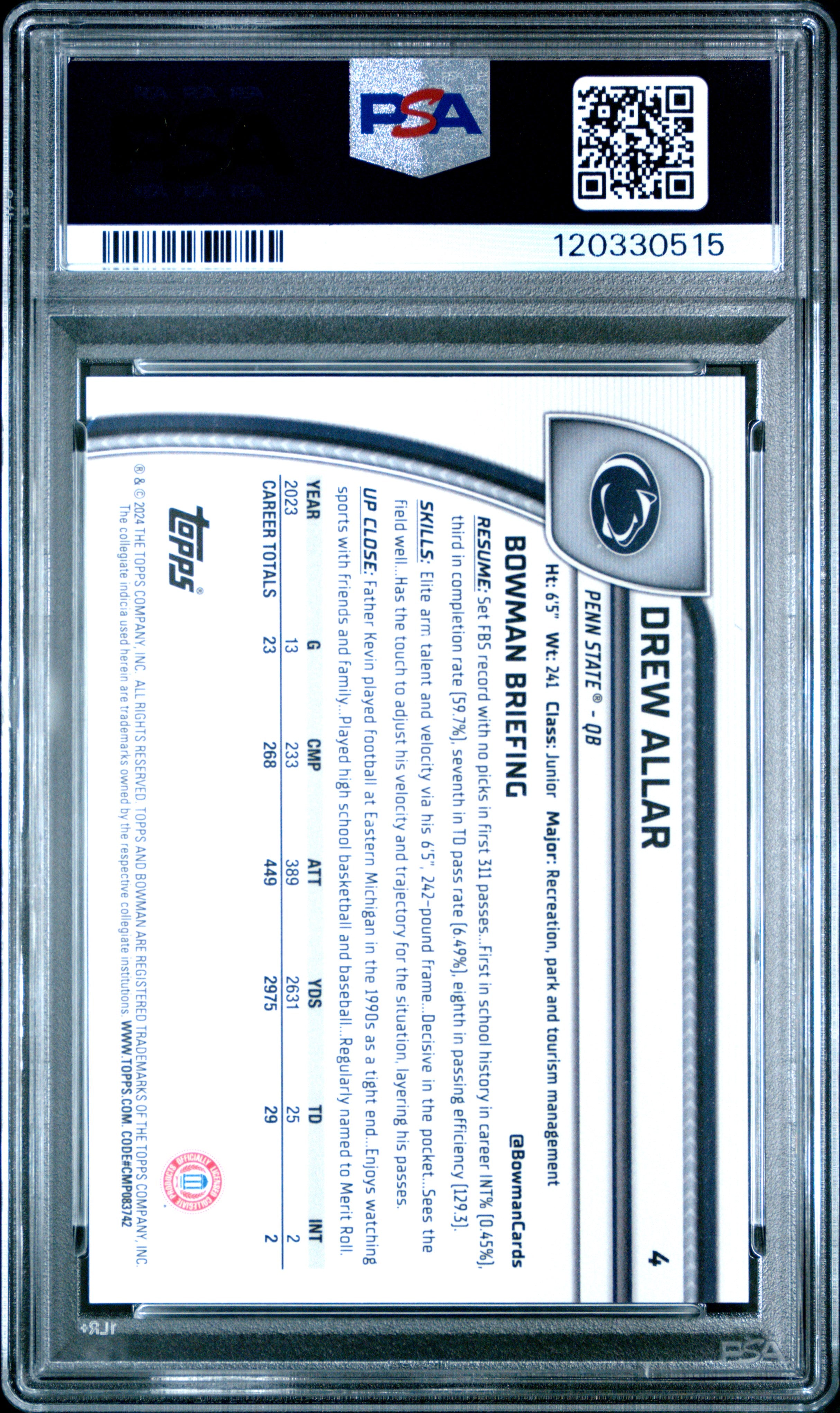 2024 Bowman Chrome - Drew Allar - Red Shimmer /5 - #4 - PSA 10 - GEM MINT
