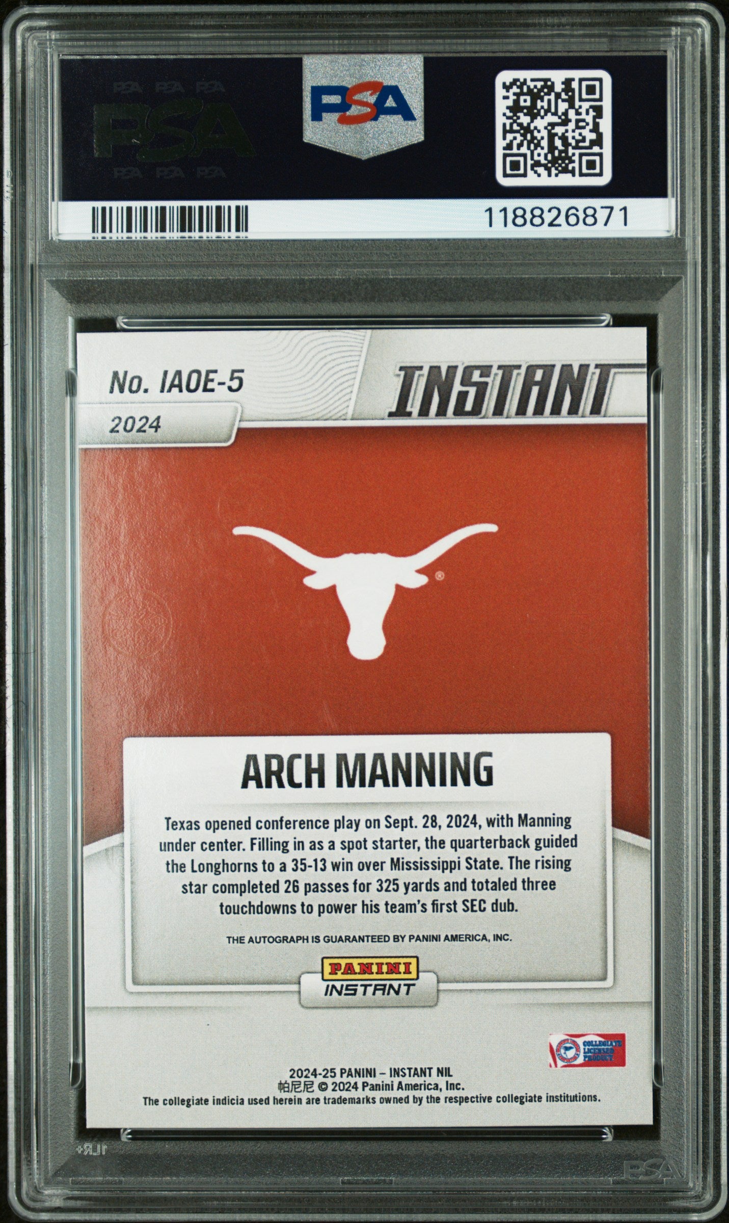 2024 Instant NIL - Arch Manning -Open Edition Auto - #IAOE5 - PSA 10 - GEM MINT