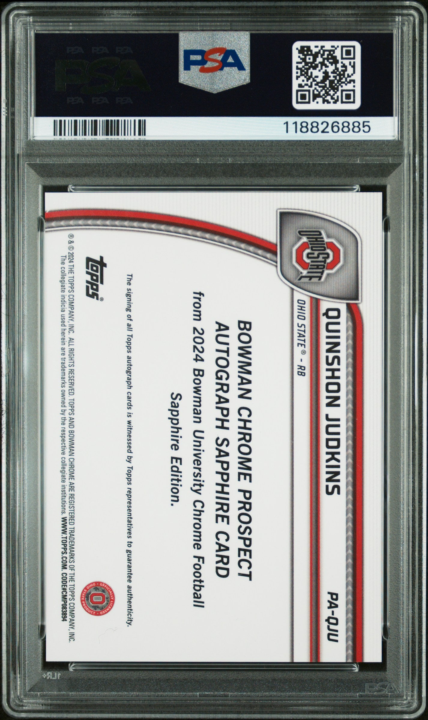 2024 Bowman Sapphire - Quinshon Judkins - Black Auto /10 - PSA 10 - GEM MINT