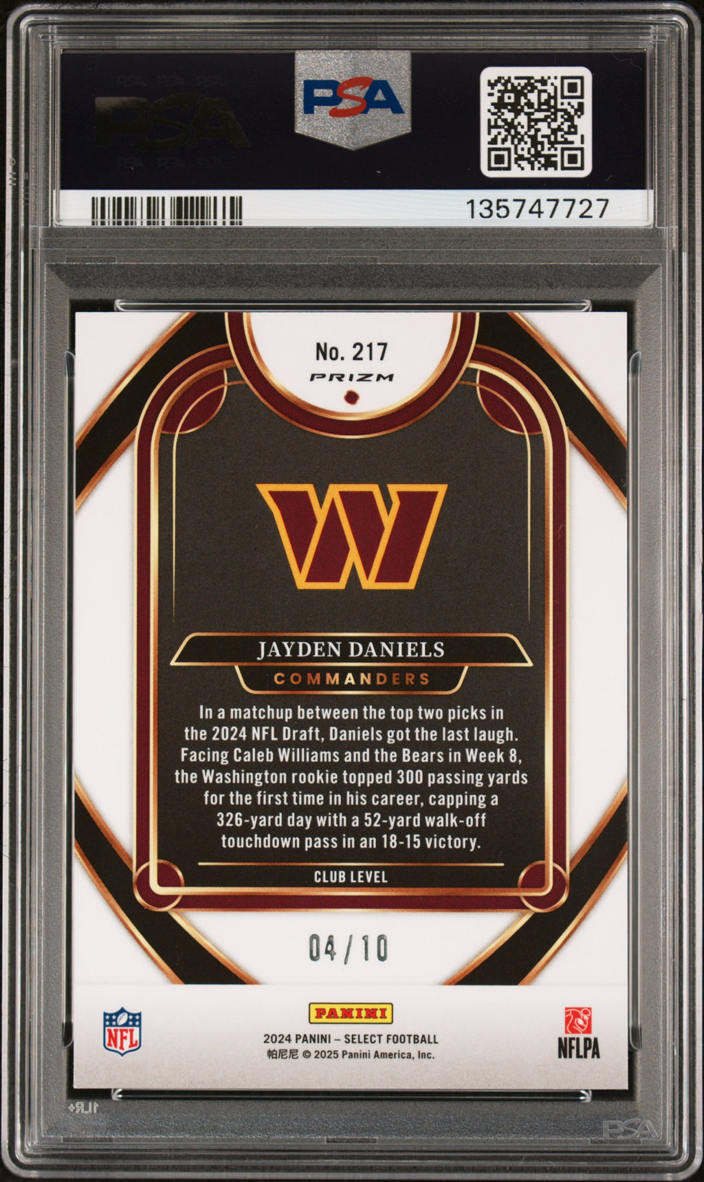 2024 Select - Jayden Daniels - Gold Disco Prizm /10 # 217 - RC Rookie - PSA 9